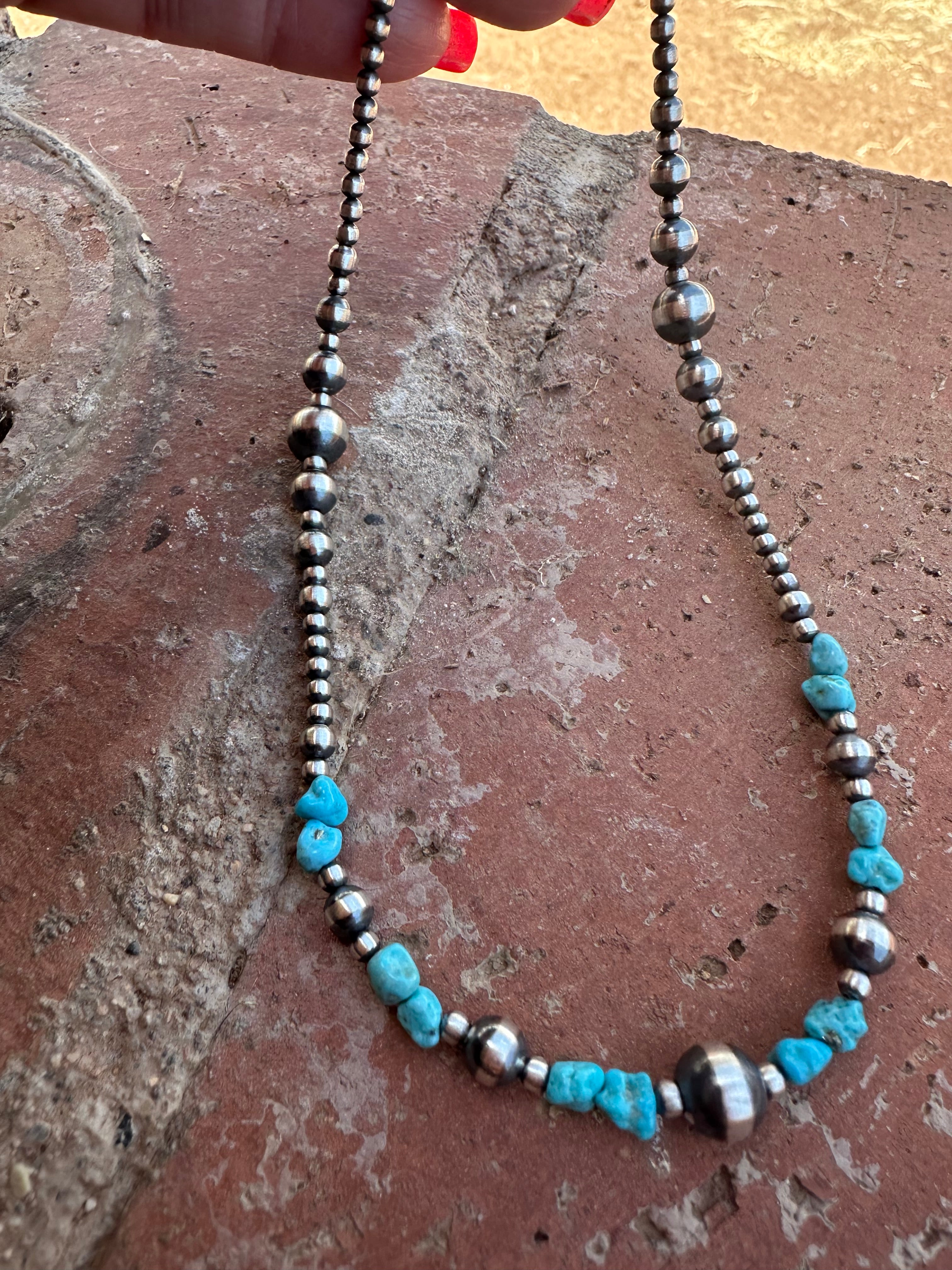 Handcrafted Kingman Dance Turquoise & Sterling Silver 3mm-8mm Beaded Necklace