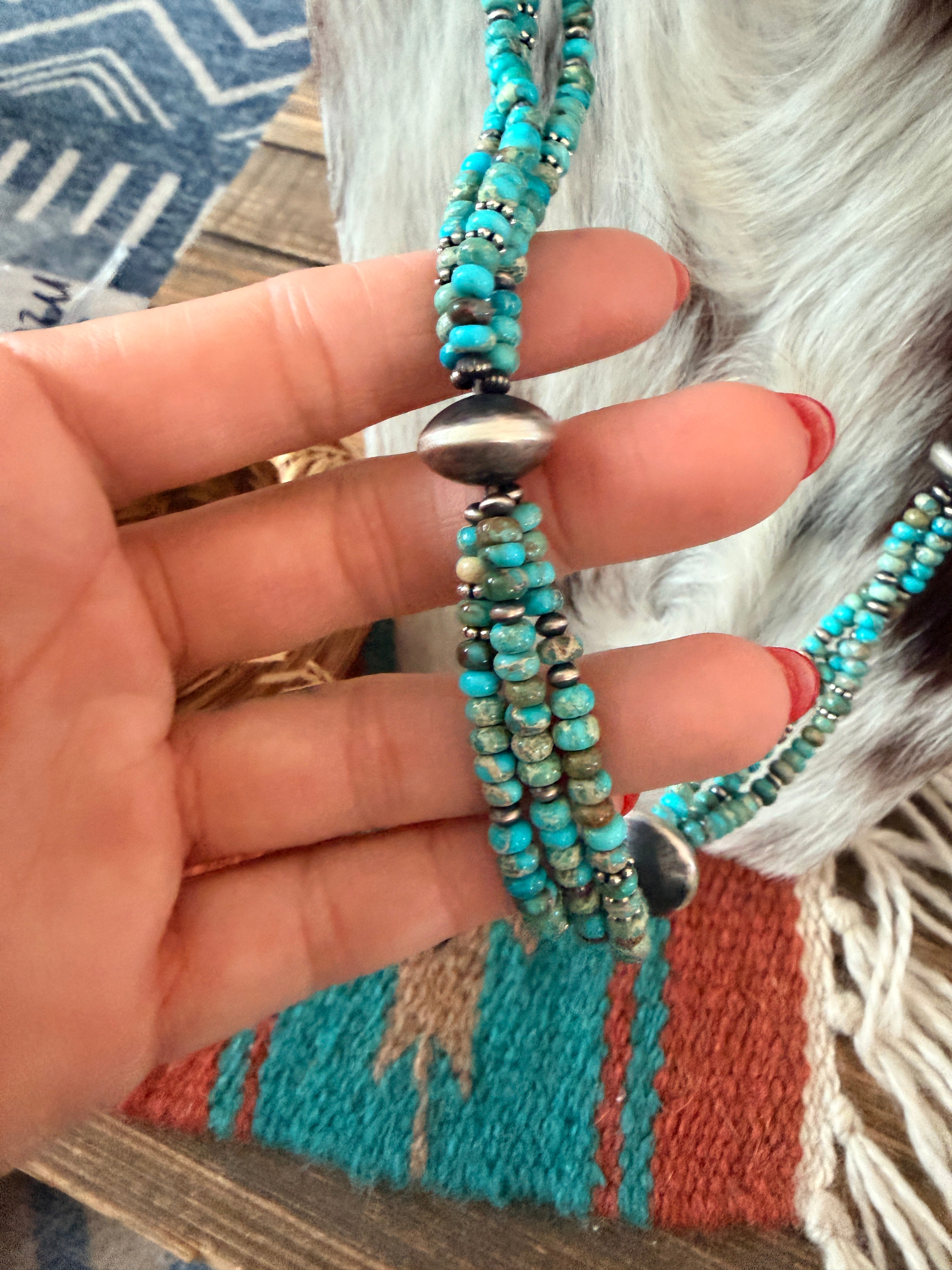 Handcrafted Turquoise & Sterling Silver Pearl 30" Beaded Necklace