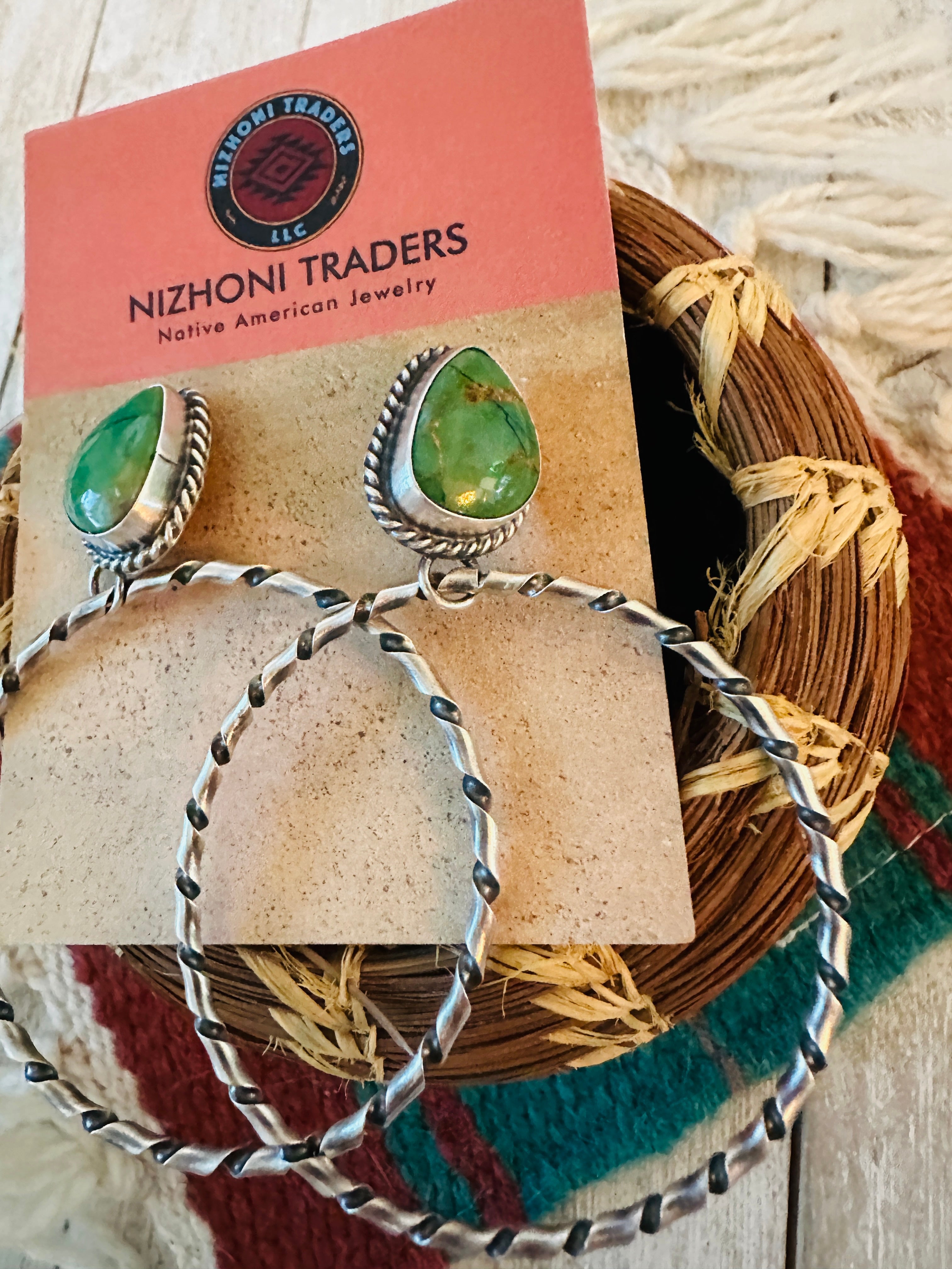 Navajo Turquoise and Sterling Silver Dangle Hoop Earrings