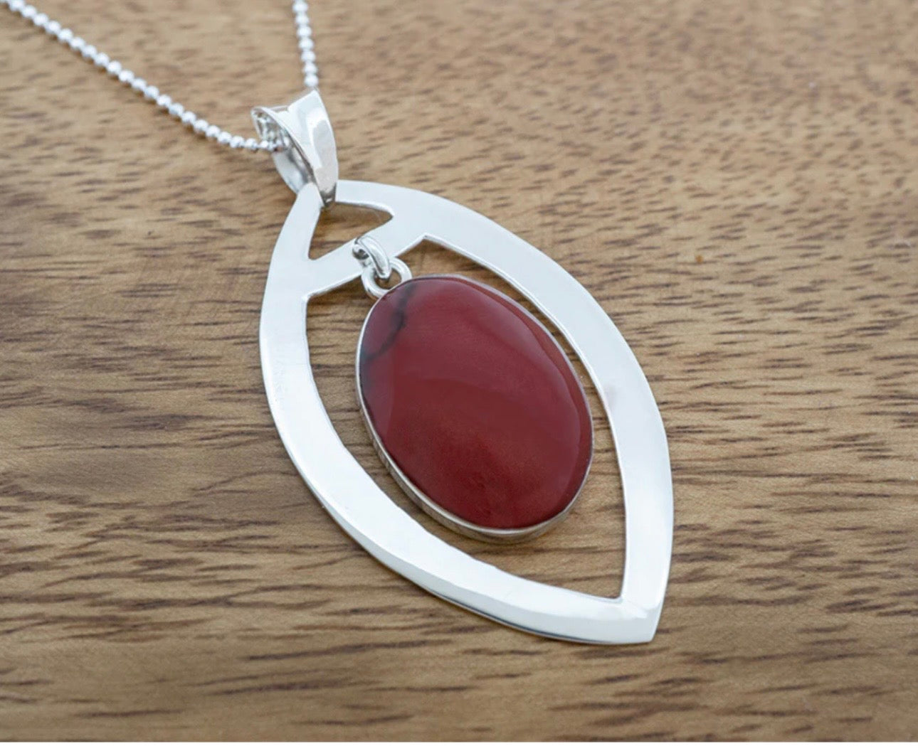 Red Jasper Oval in Elliptical Frame Sterling Silver Necklace