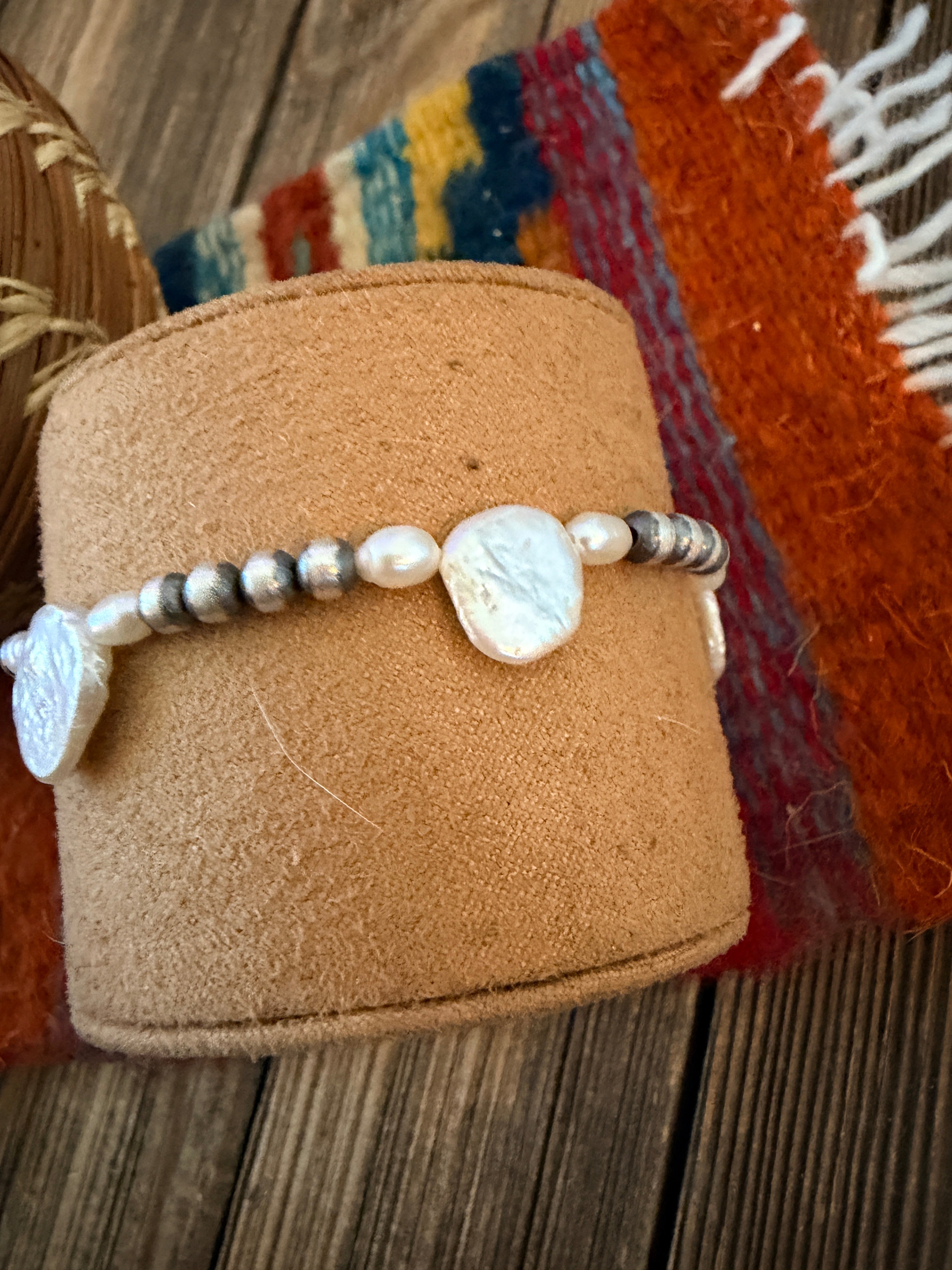 Handcrafted Mother of Pearl & Sterling Silver Pearl Beaded Stretch Bracelet