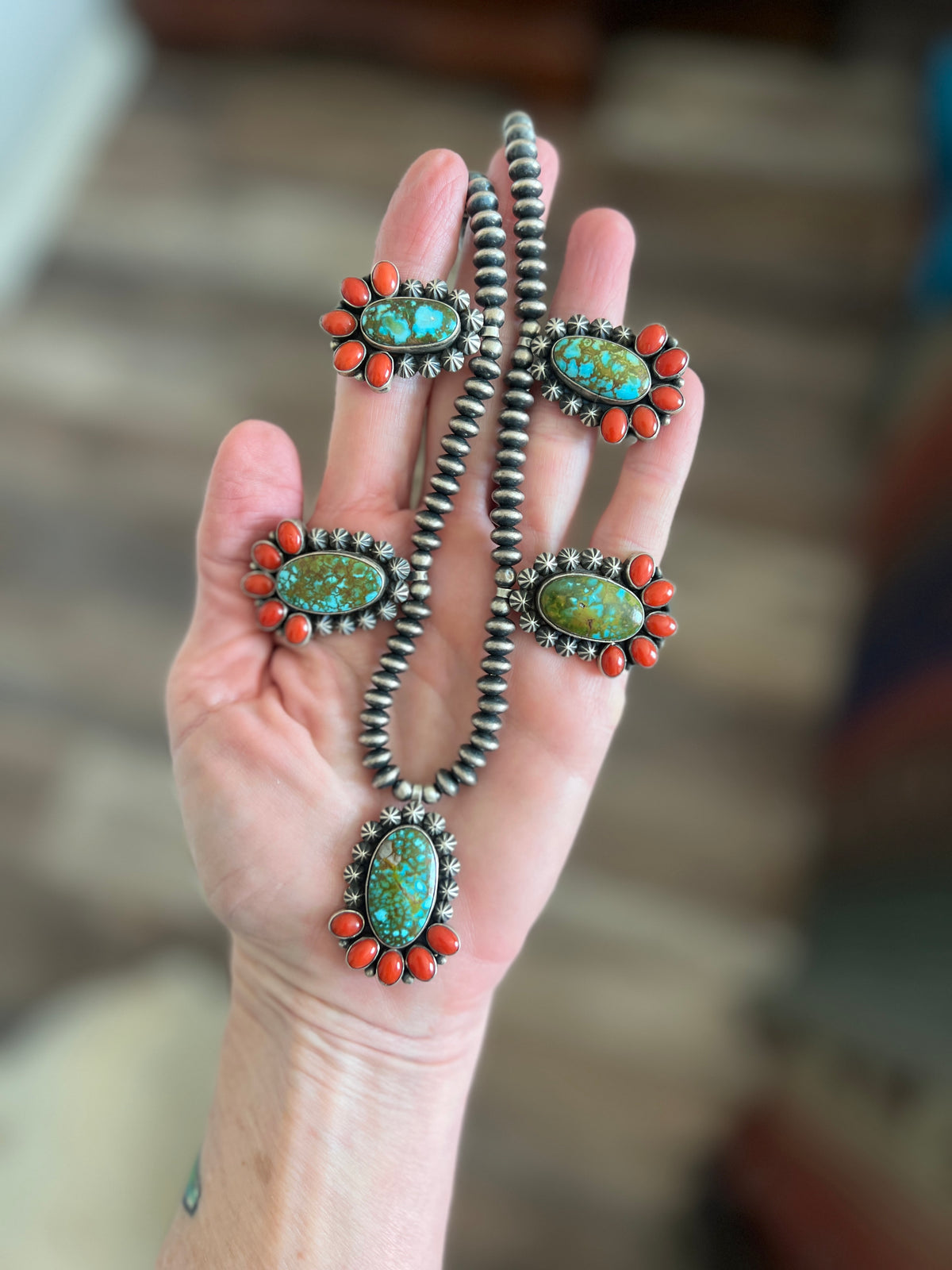 Taos Collection: Handcrafted Sterling Silver, Kingman Turquoise & Mediterranean Red Coral Beaded Necklace