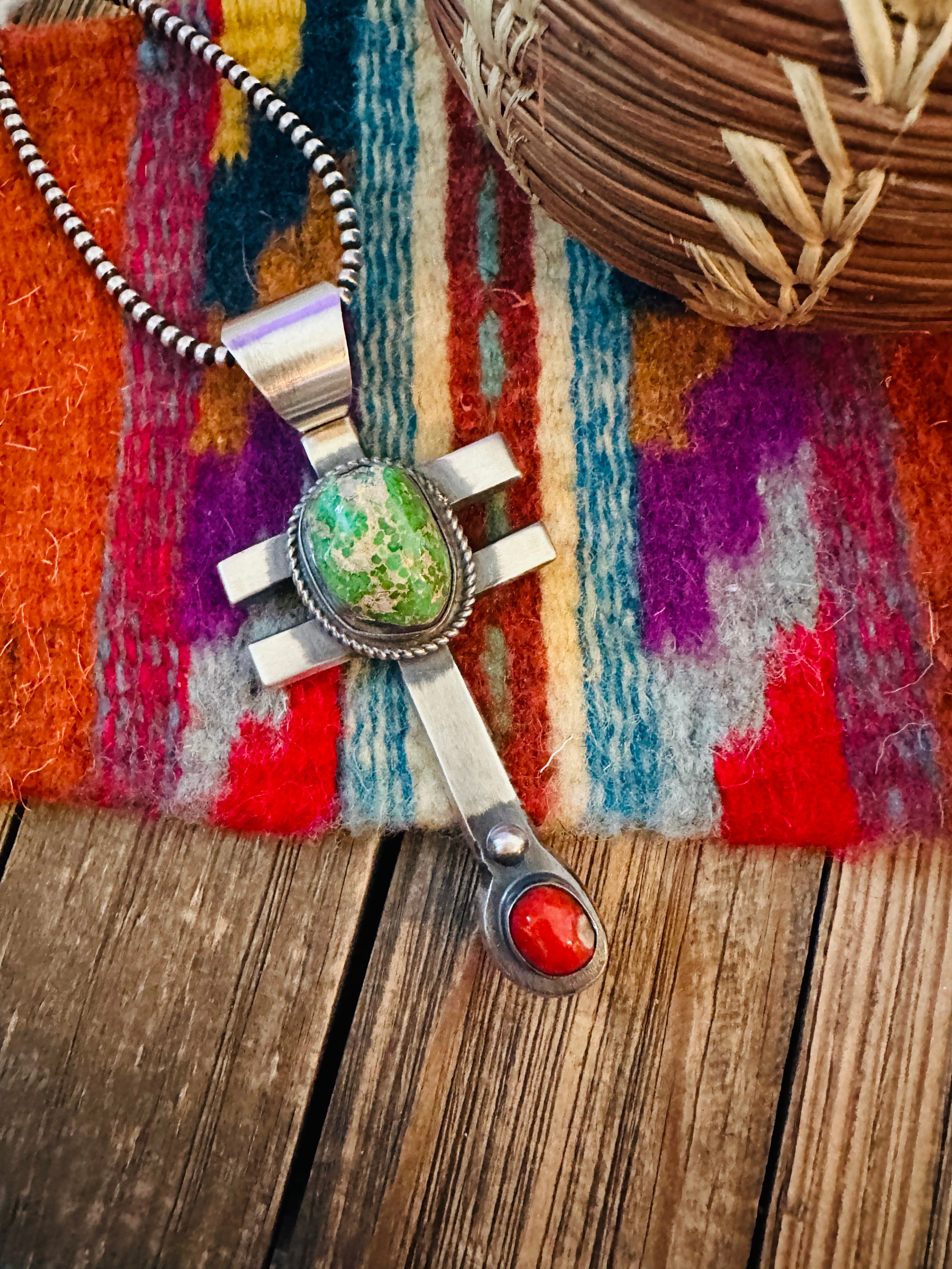 Handcrafted Sterling Silver, Turquoise & Coral Dragonfly Pendant by Chimney Butte