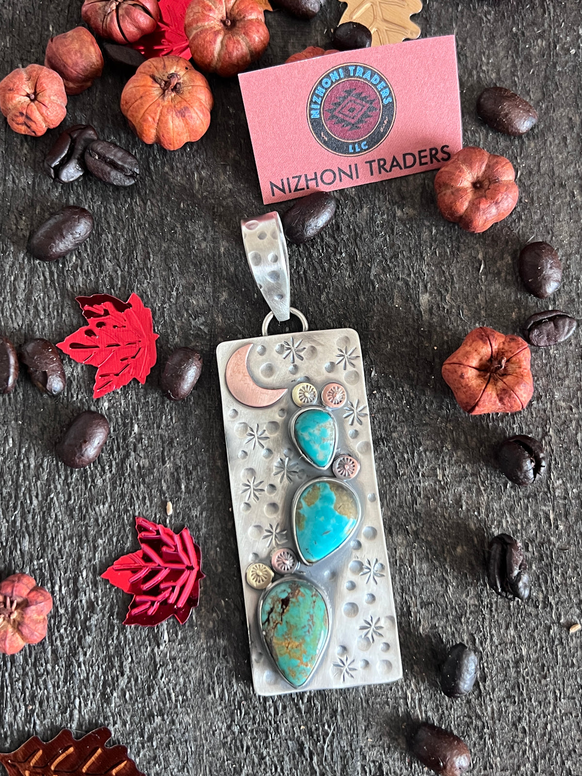 Kimari Somers Hand Stamped Sterling Silver, Copper, Brass & Kingman Turquoise Prickly Pear Cactus Moon Pendant
