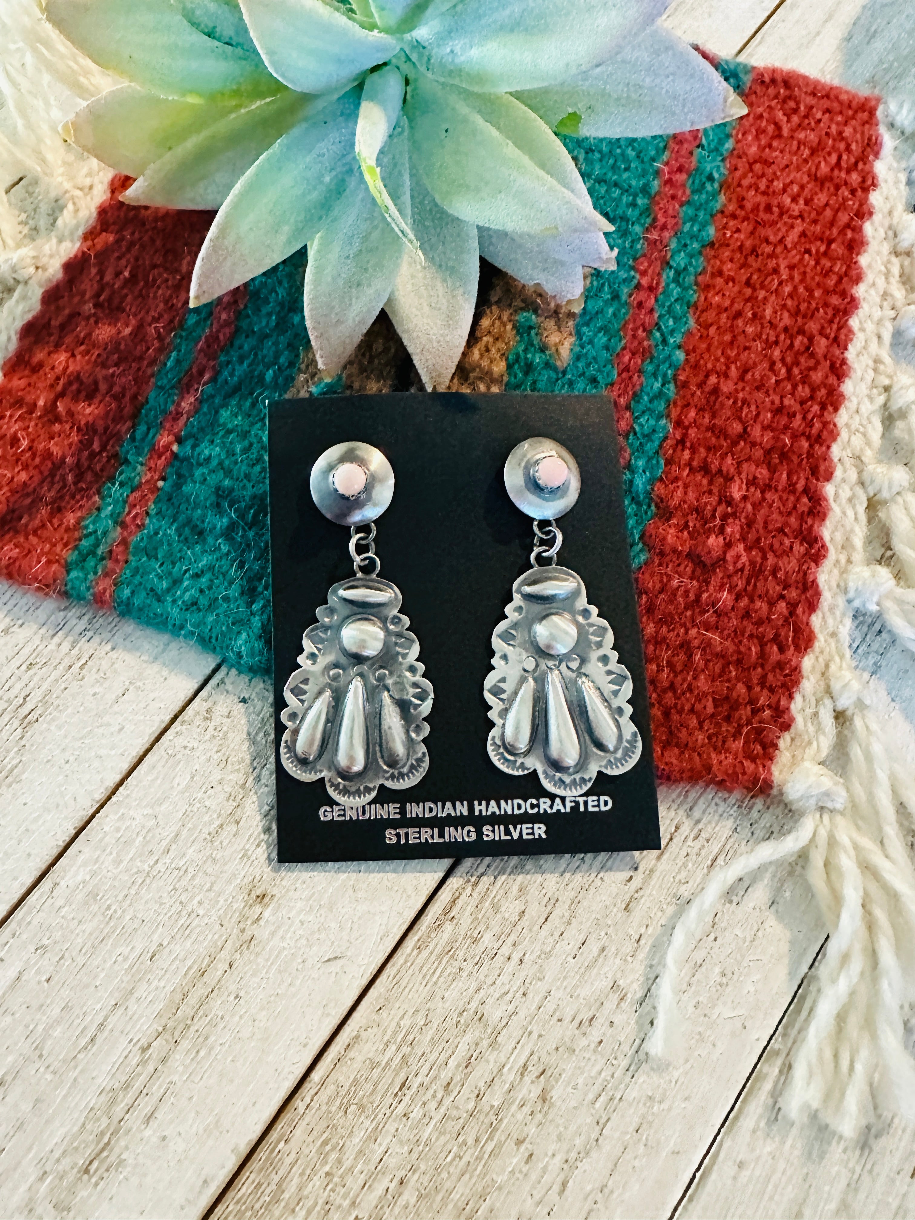 Handcrafted Queen Pink Conch & Sterling Silver Concho Dangle Earrings