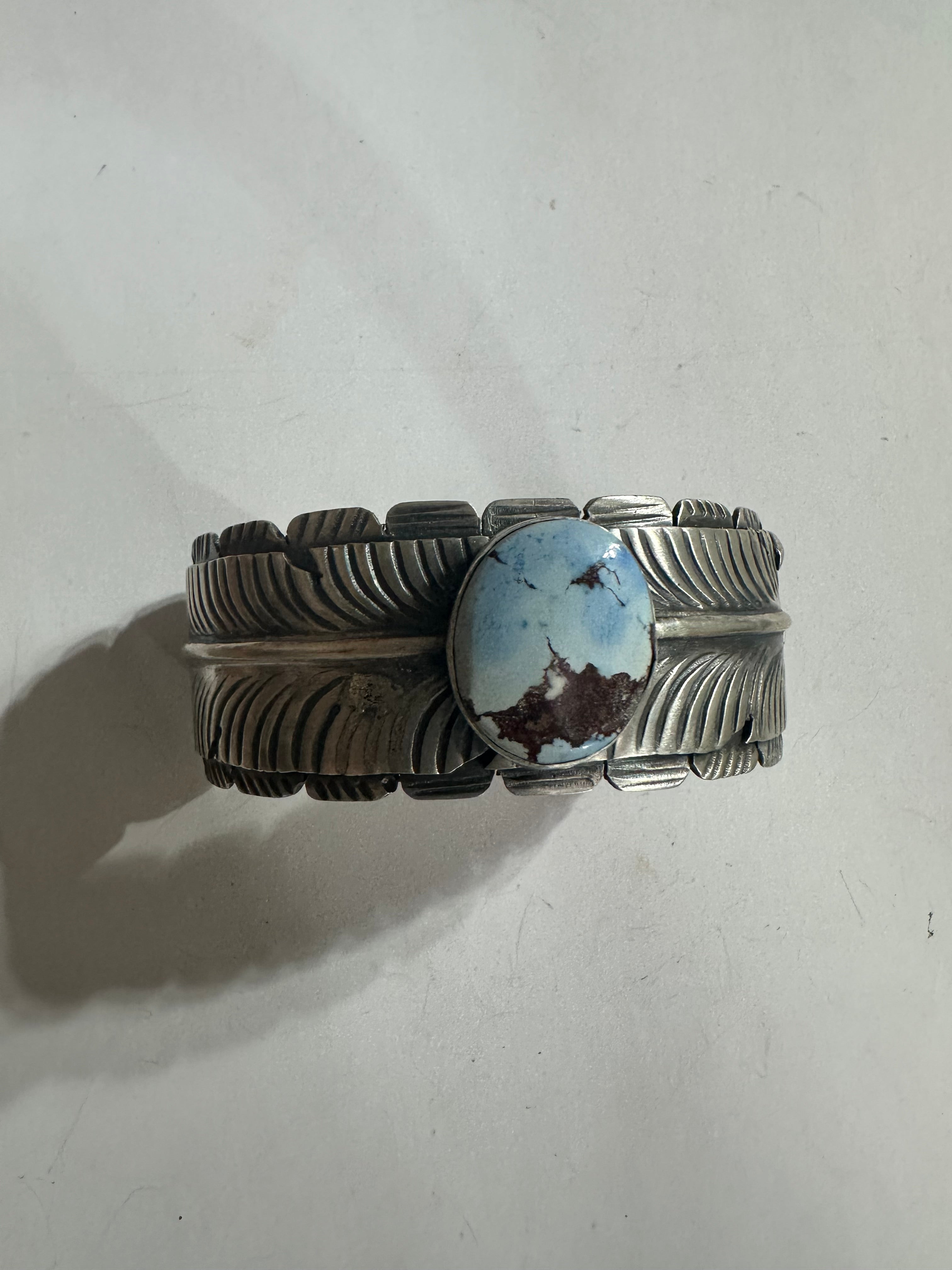 Navajo Golden Hill Turquoise & Sterling Silver Cuff Bracelet Signed KM