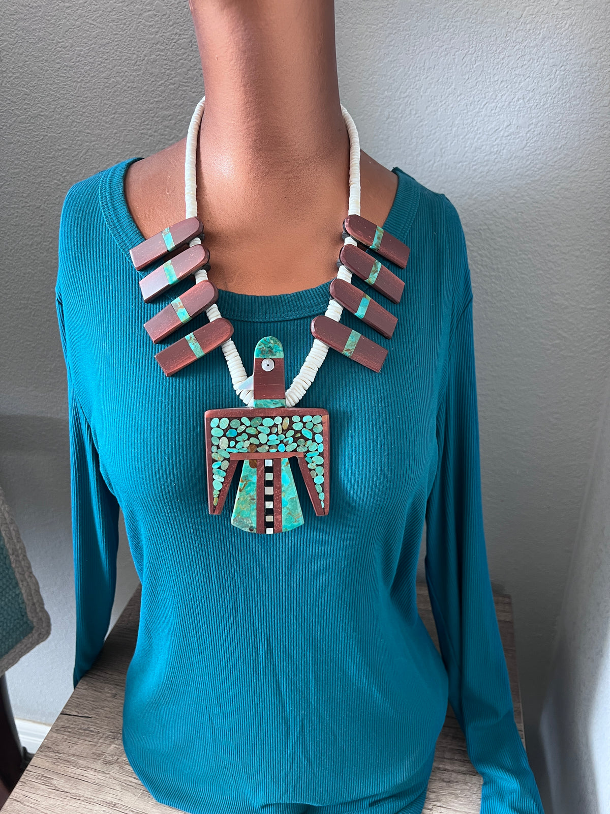 Warren Nieto Inlay Kingman Turquoise and Pipestone Thunderbird Tab Necklace & Earrings Set