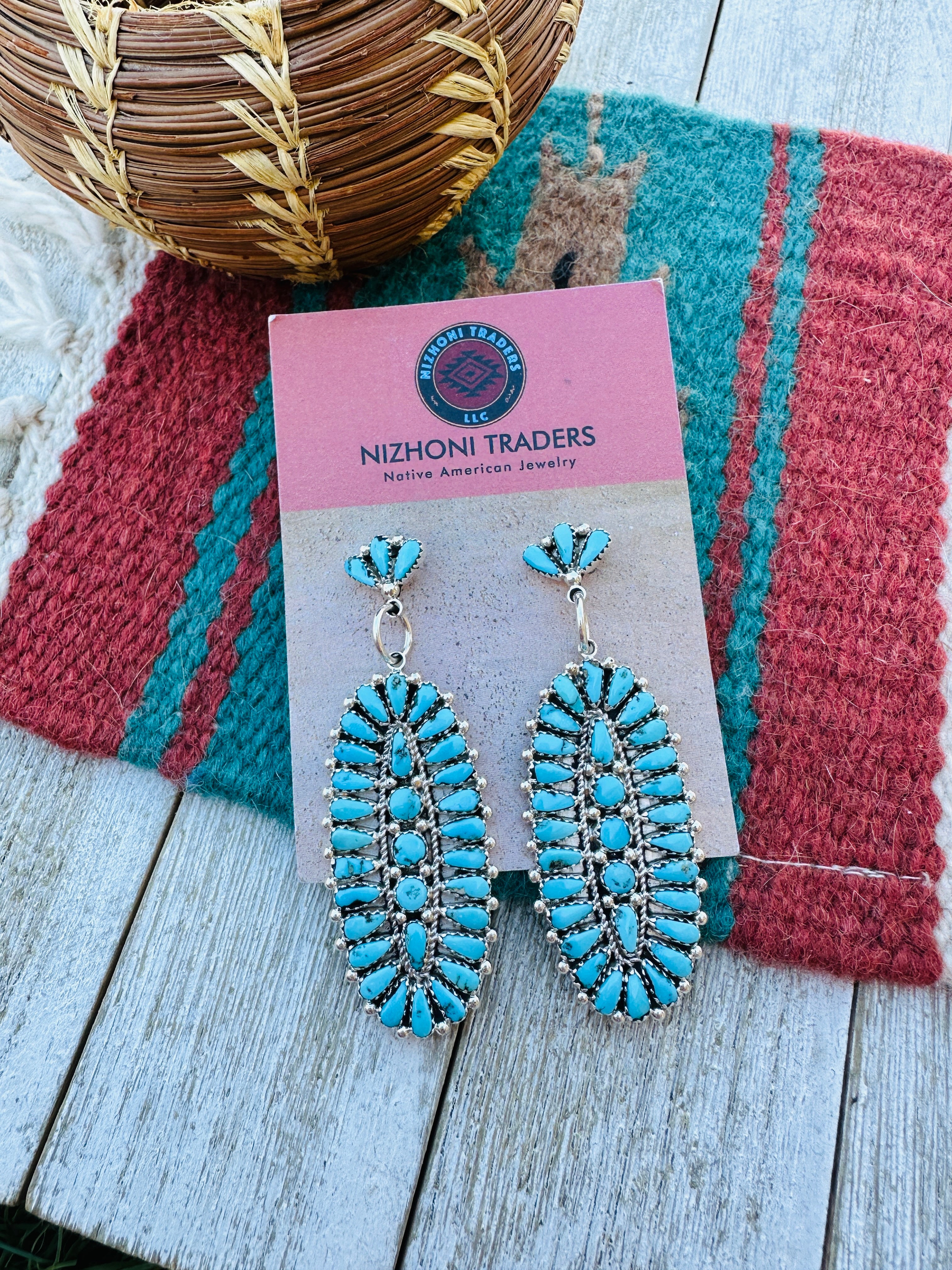 Handcrafted Sleeping Beauty Turquoise And Sterling Silver Cluster Dangle Earrings