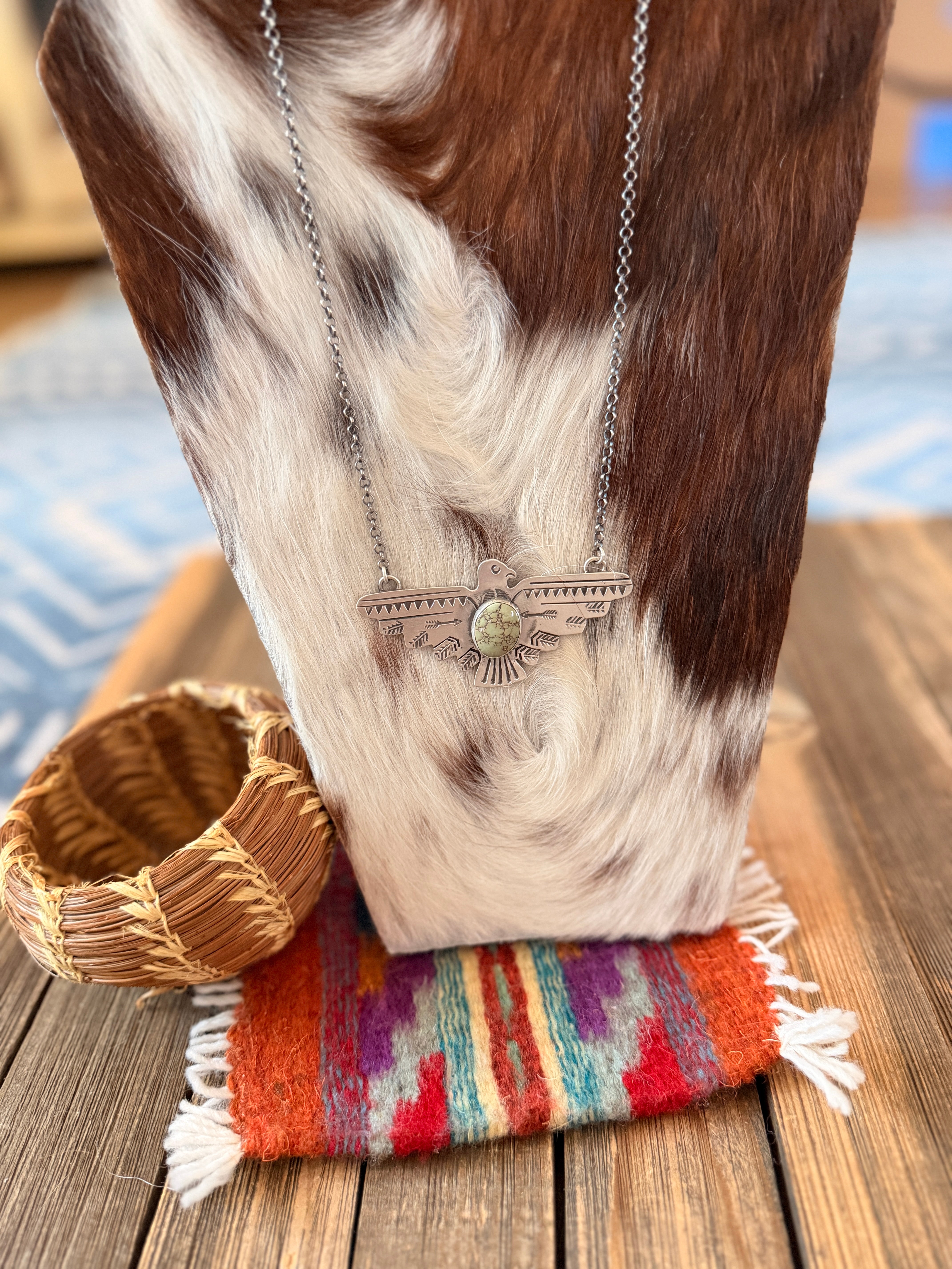 Handcrafted Turquoise & Sterling Silver Thunderbird Necklace by Russell Sam