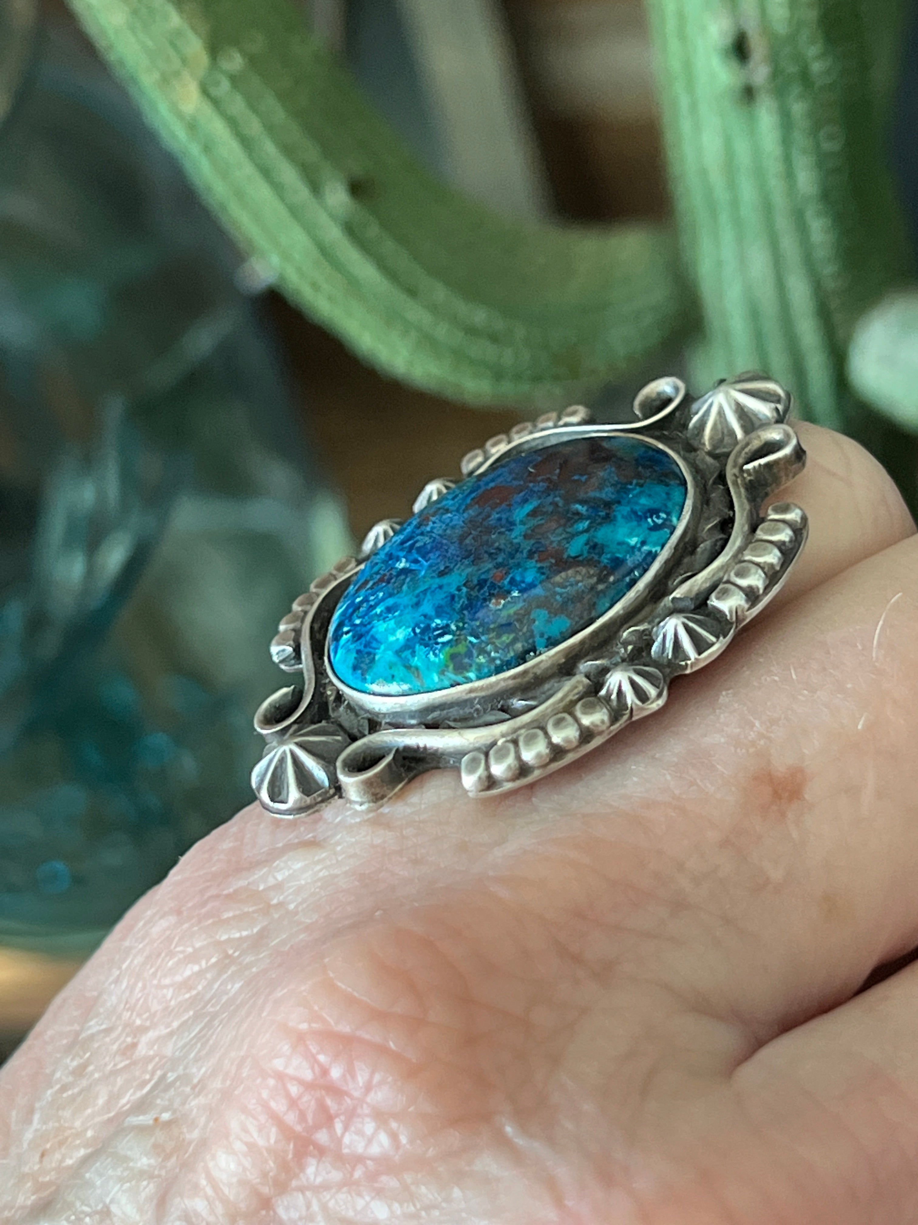 Apache Sterling Silver and Chrysocolla Azurite Ring by Rosella Paxson, Size 7