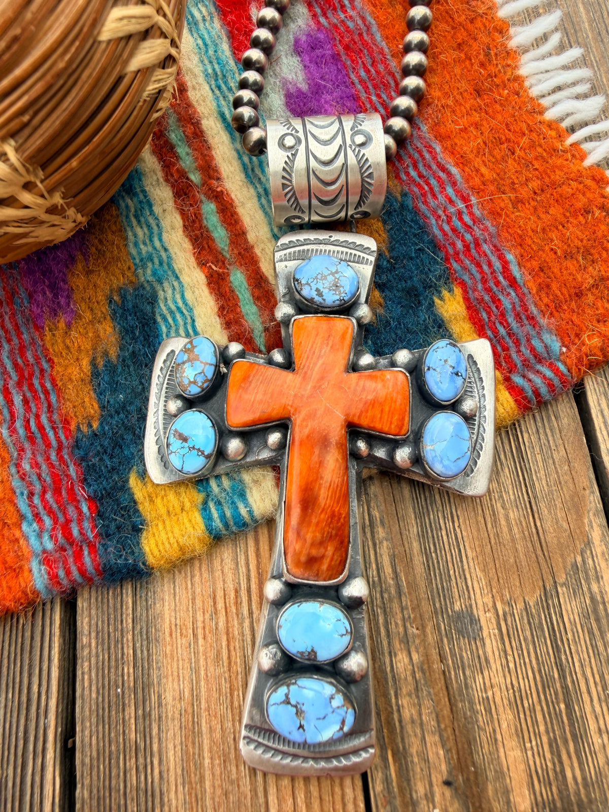 Handcrafted Turquoise, Spiny Oyster & Sterling Silver Cross Pendant by Chimney Butte