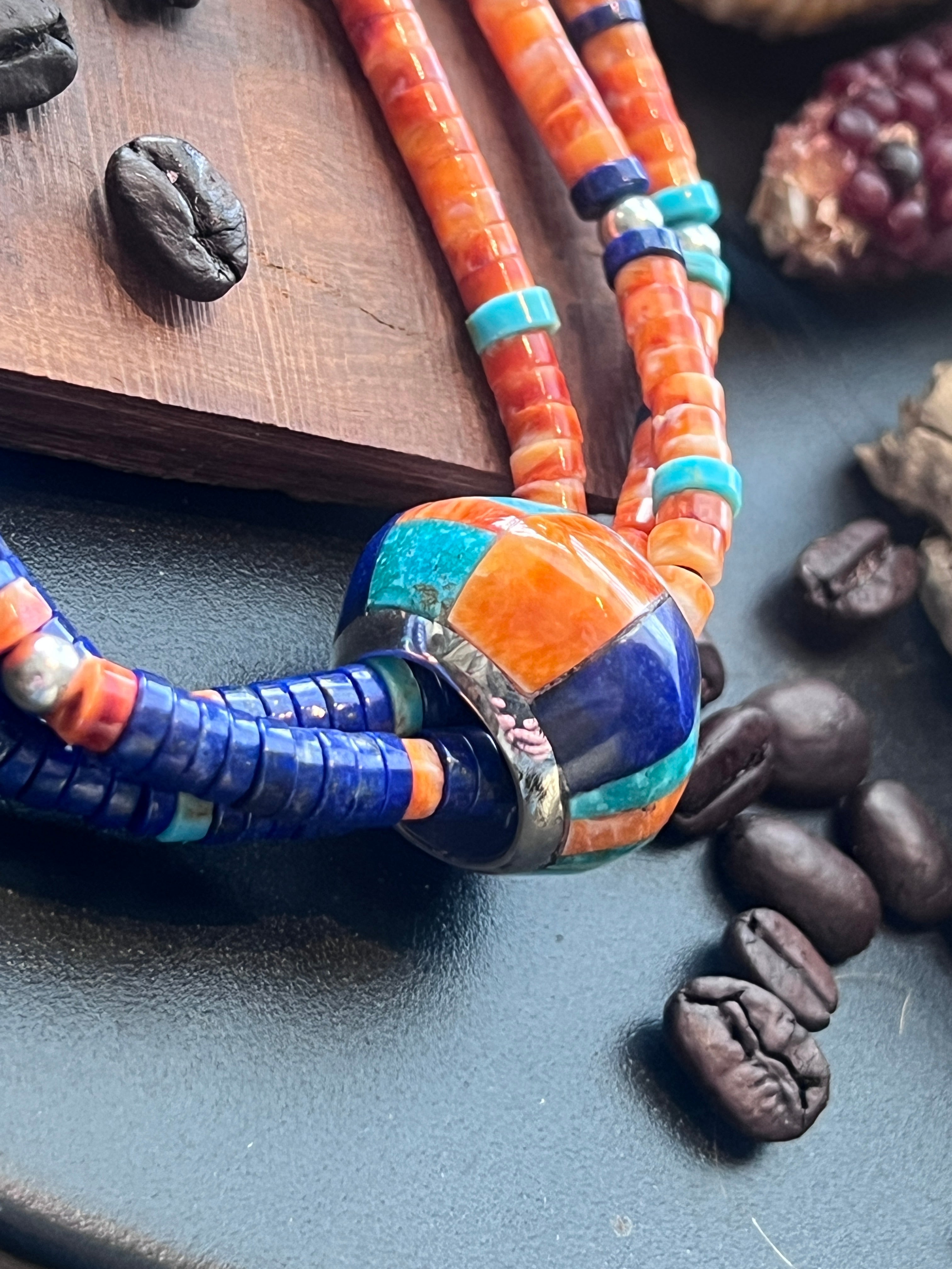 Daniel Coriz Triple Strand Lapis, Spiny Oyster and Turquoise Beaded Necklace w/ Removable Sterling Silver & Stone Inlay Bead