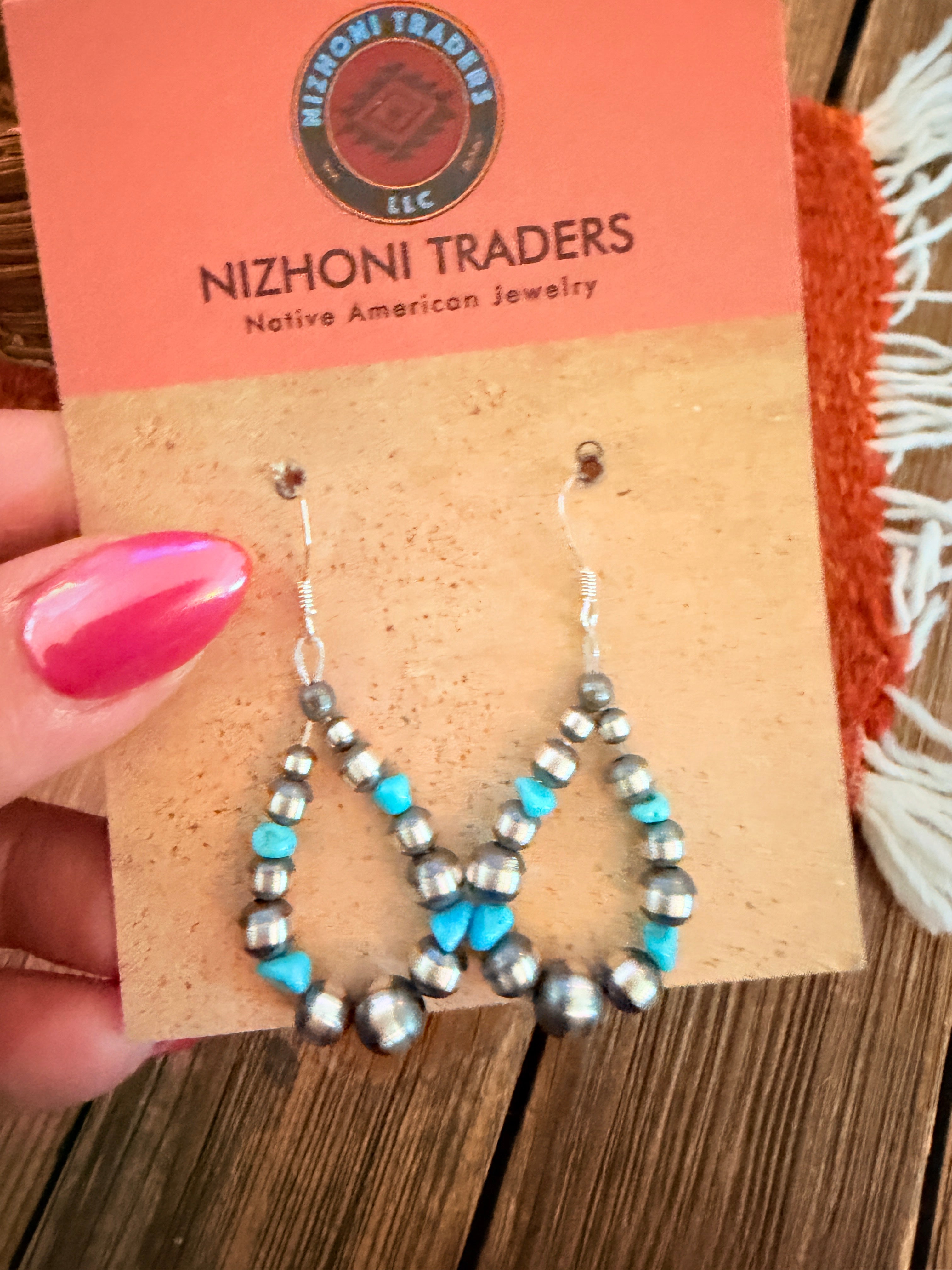 Handcrafted Turquoise & Sterling Silver Pearl Beaded Dangle Hoop Earrings