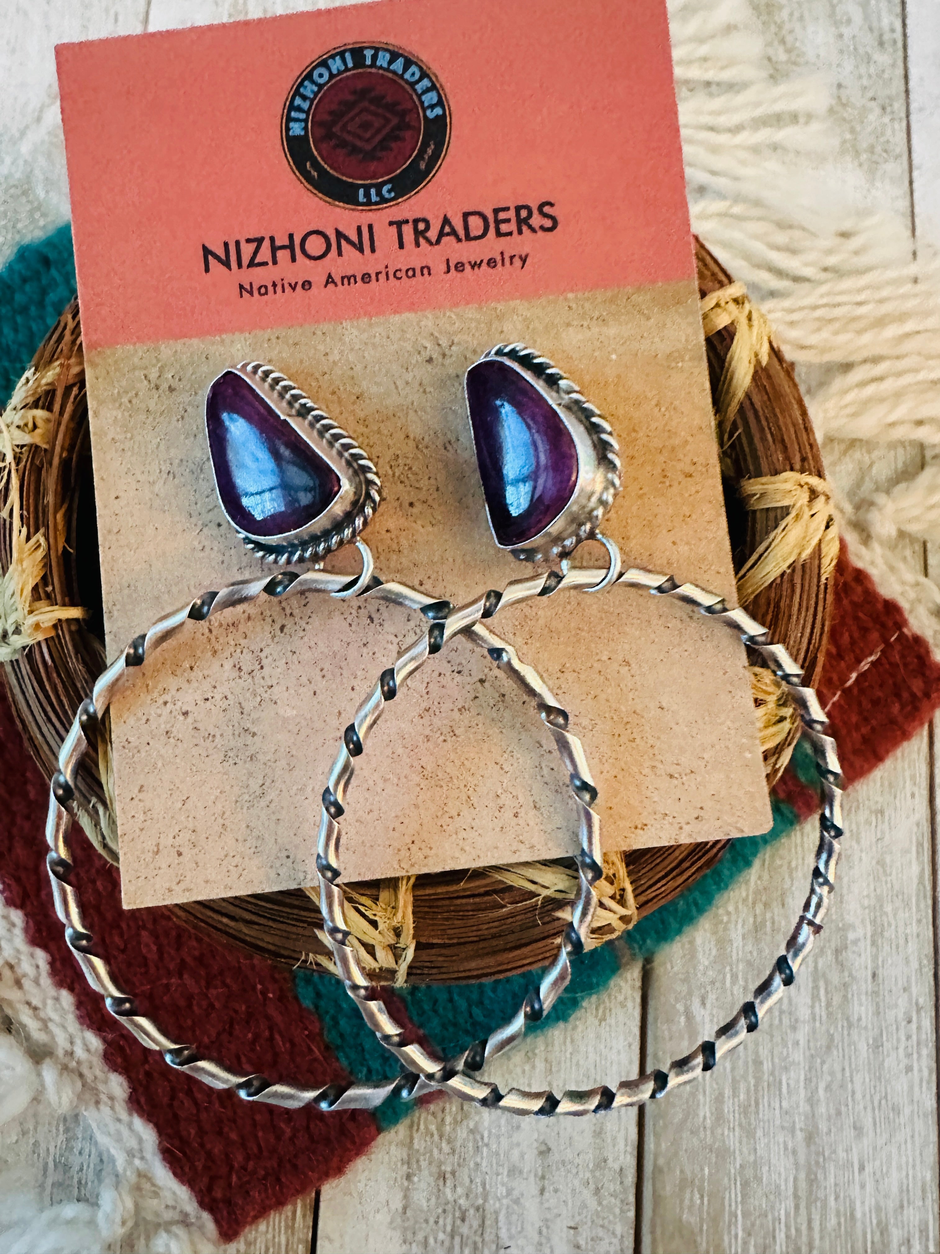 Navajo Purple Spiny and Sterling Silver Dangle Hoop Earrings