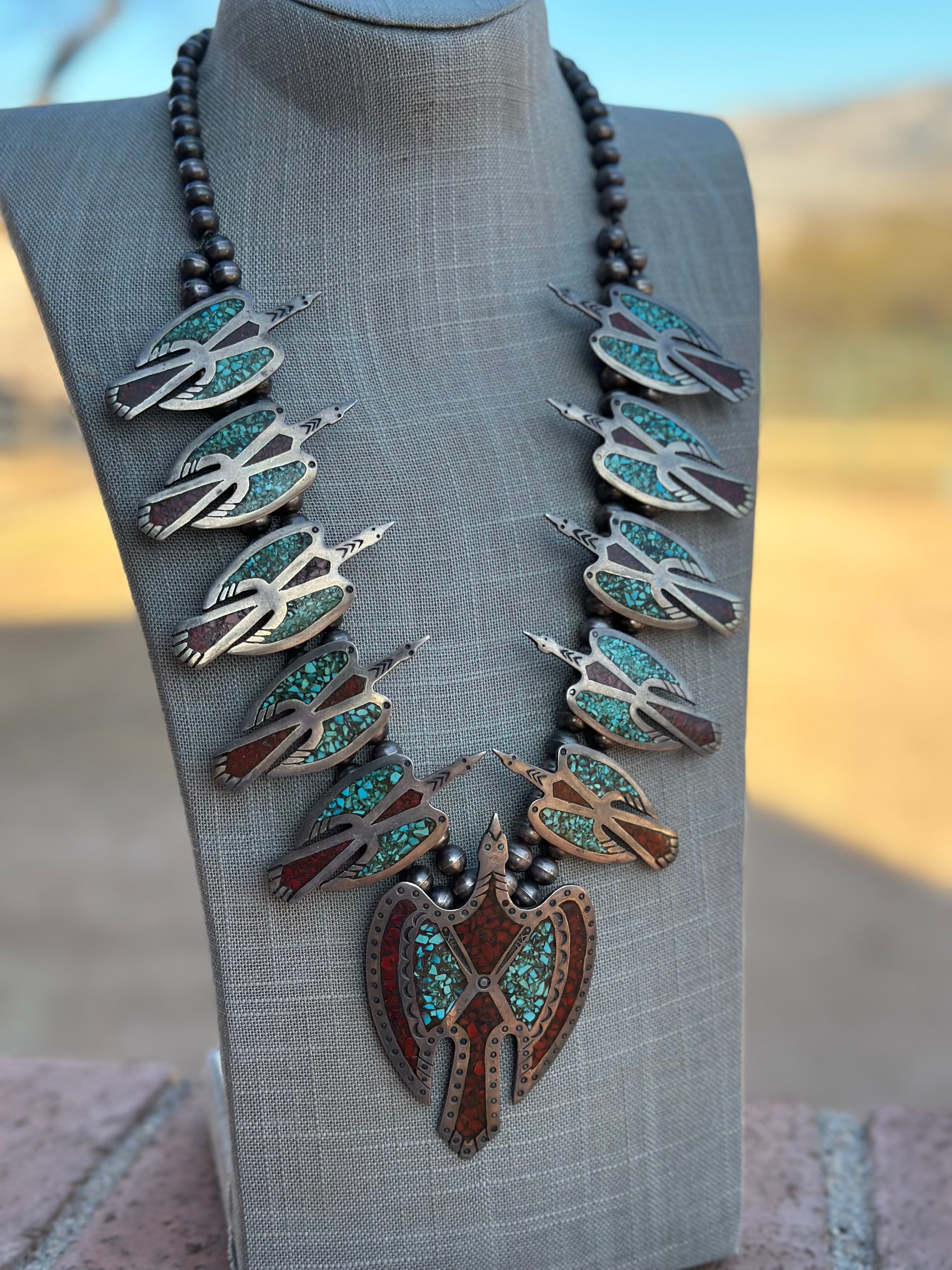 Estate Collection Old Pawn Navajo Turquoise & Coral Sterling Silver Chip Inlay Thunderbird Squash Blossom Necklace
