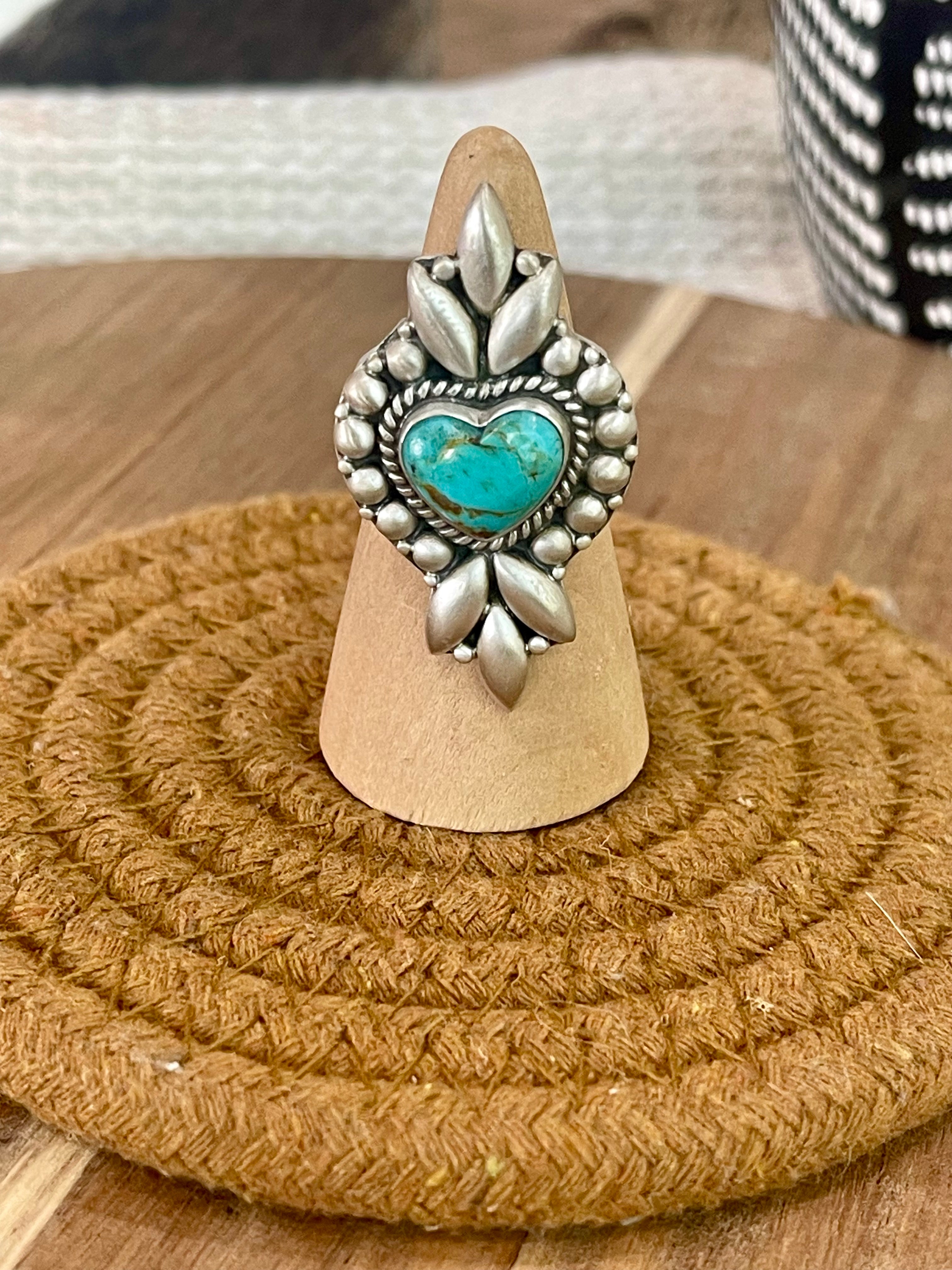 Beautiful Handmade Sterling Silver & Turquoise Adjustable Heart Ring
