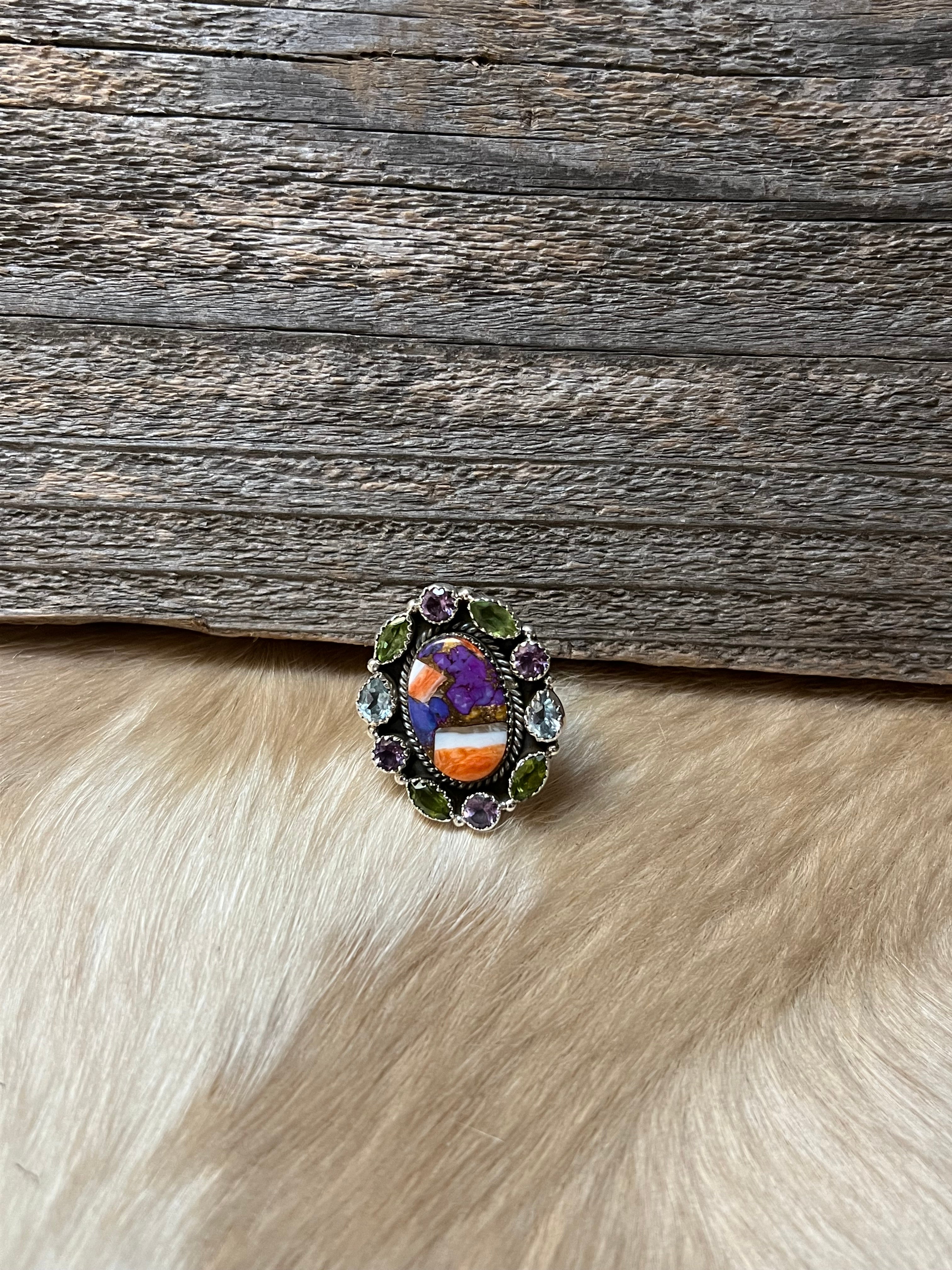 Handmade MultiStone Peridot & Amethyst Sterling Silver Adjustable Ring