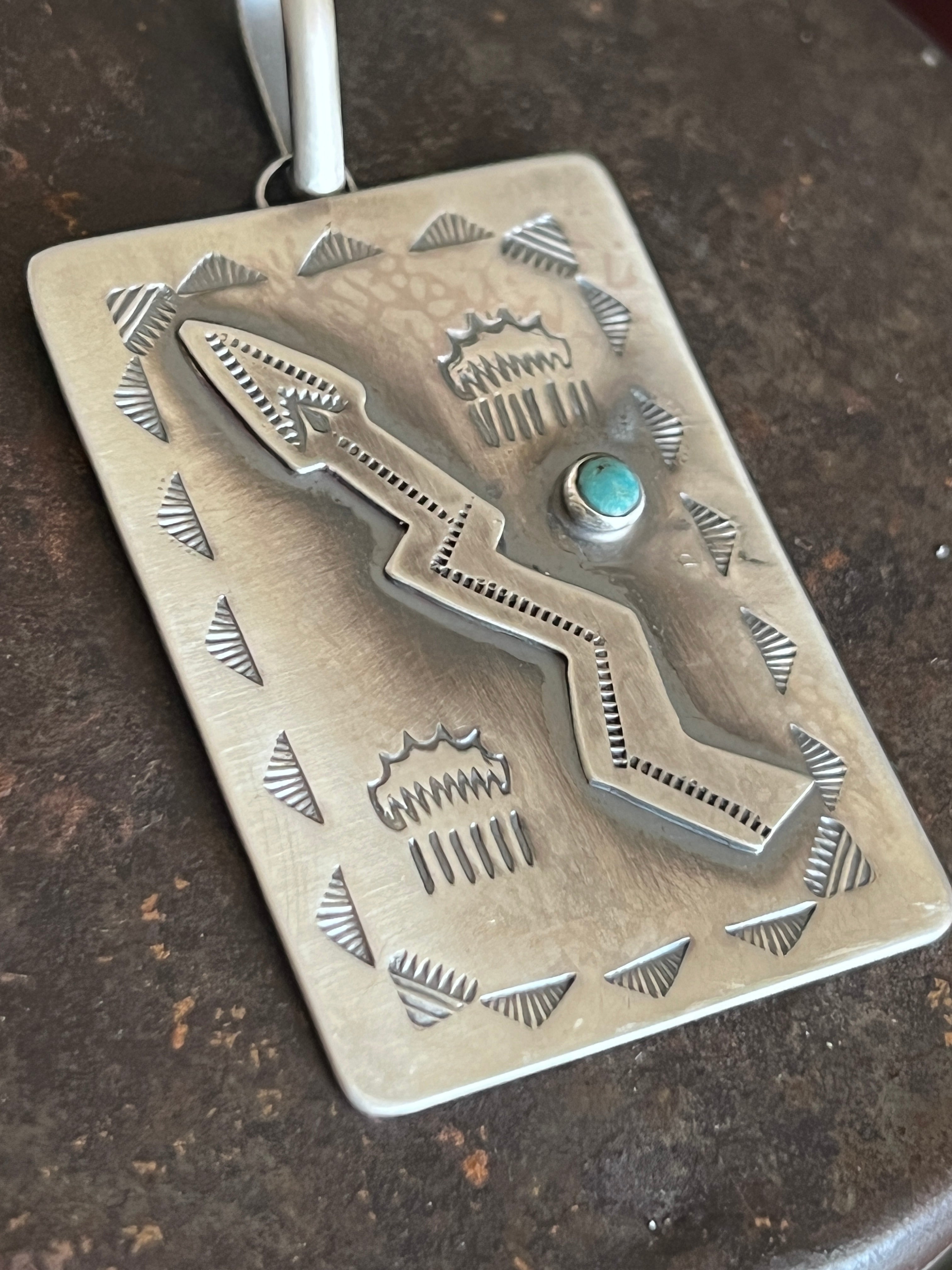 Hand Stamped Sterling Silver Fred Harvey Era Inspired Single Lightning Arrow Tag Pendant by Kimari Somers