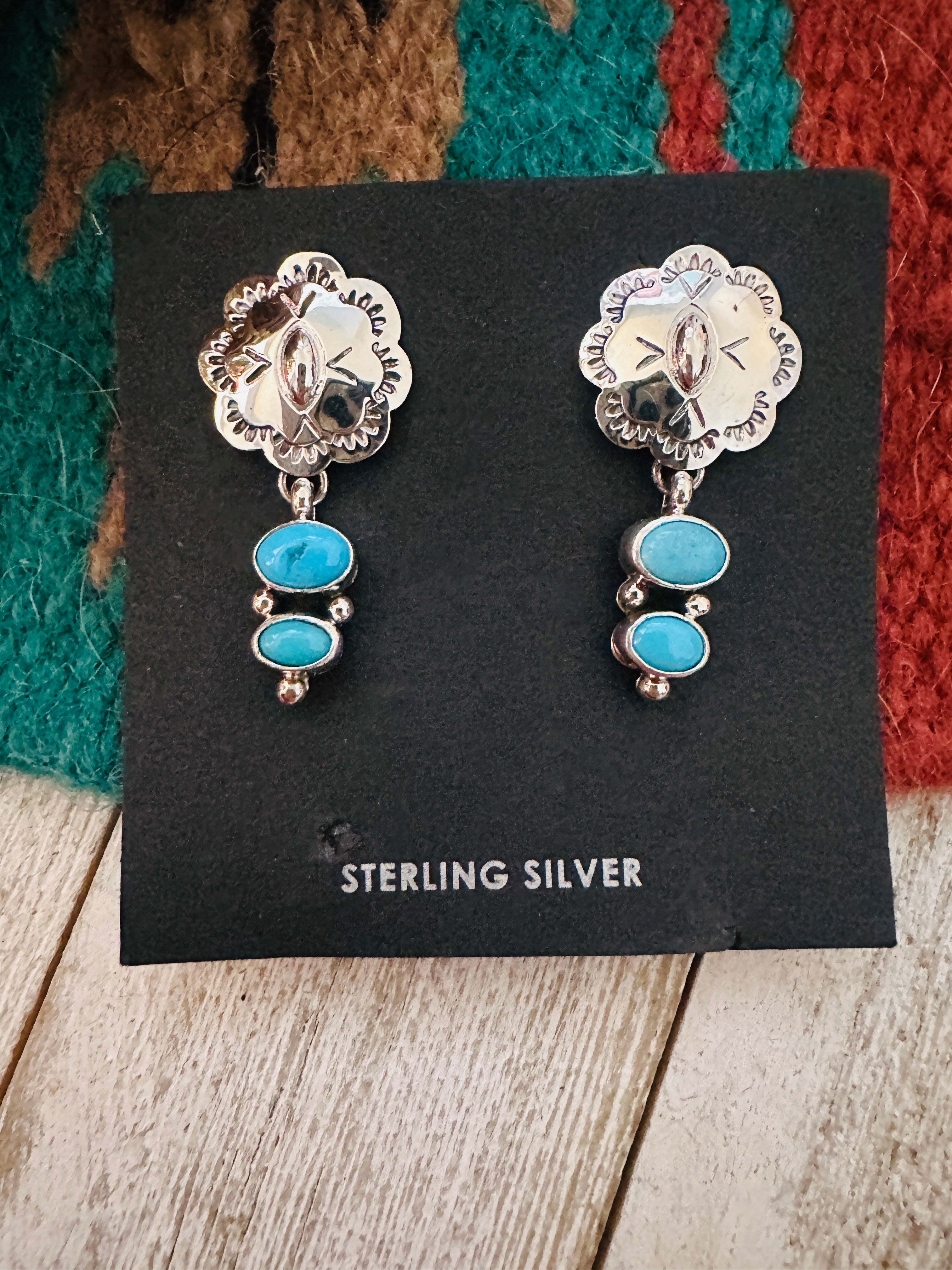 Navajo Sterling Silver & Turquoise Concho Dangle Earrings