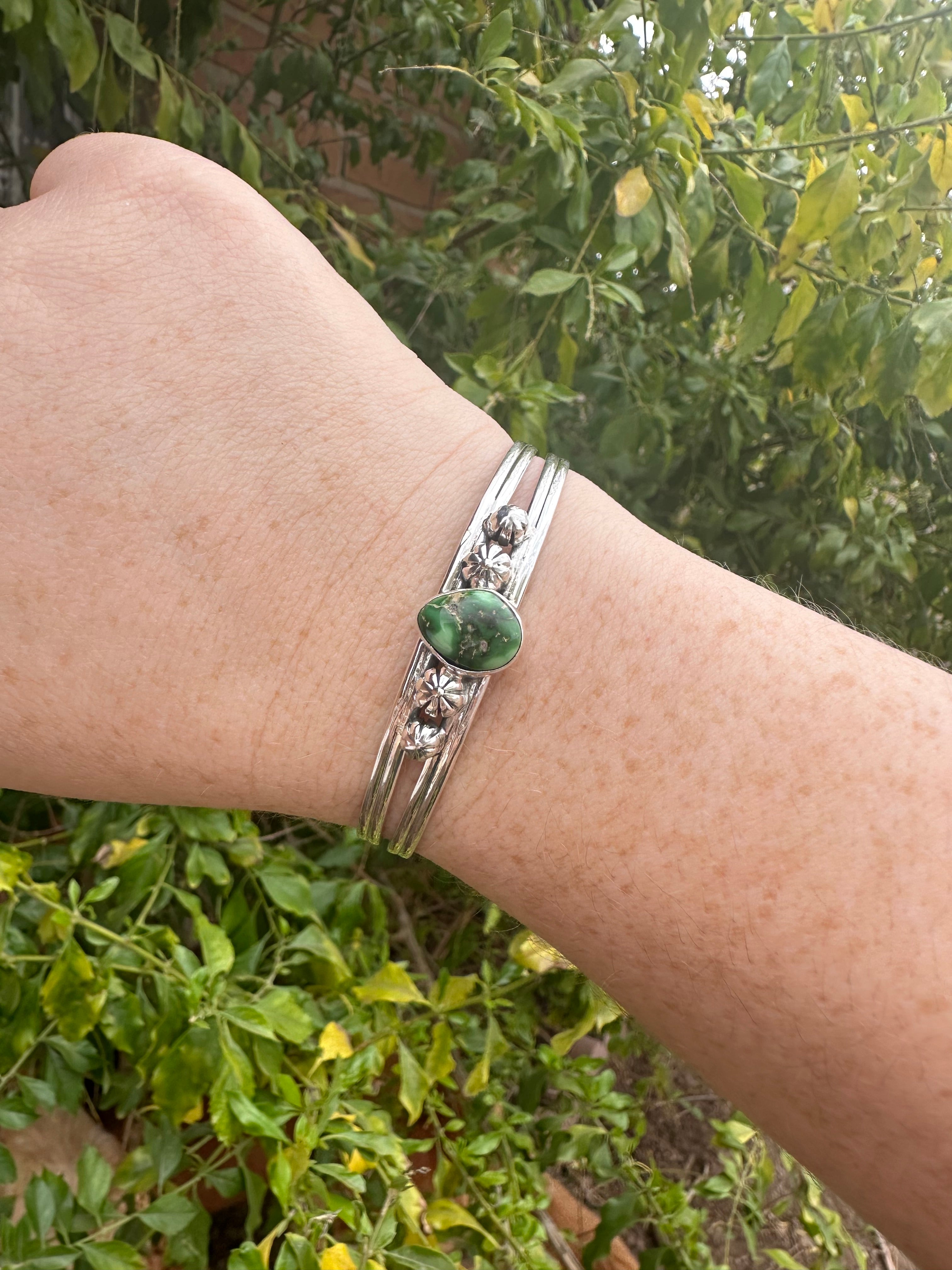 Handmade Sonoran Gold Turquoise & Sterling Silver Single Stone Cuff Bracelet MORE GREENS