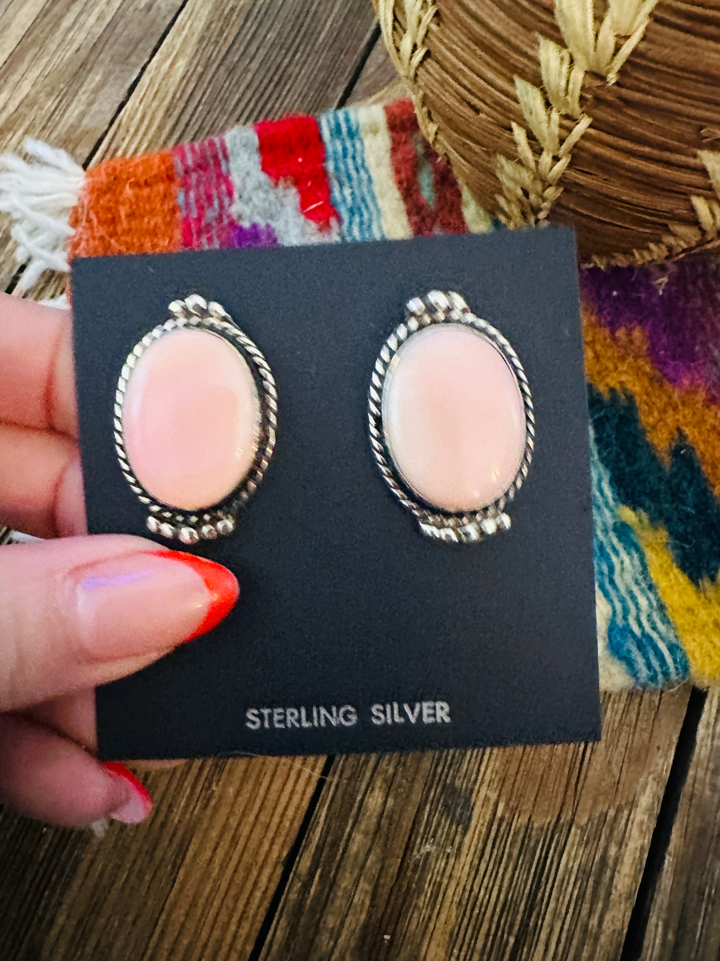 Handcrafted Queen Pink Conch & Sterling Silver Post Earrings