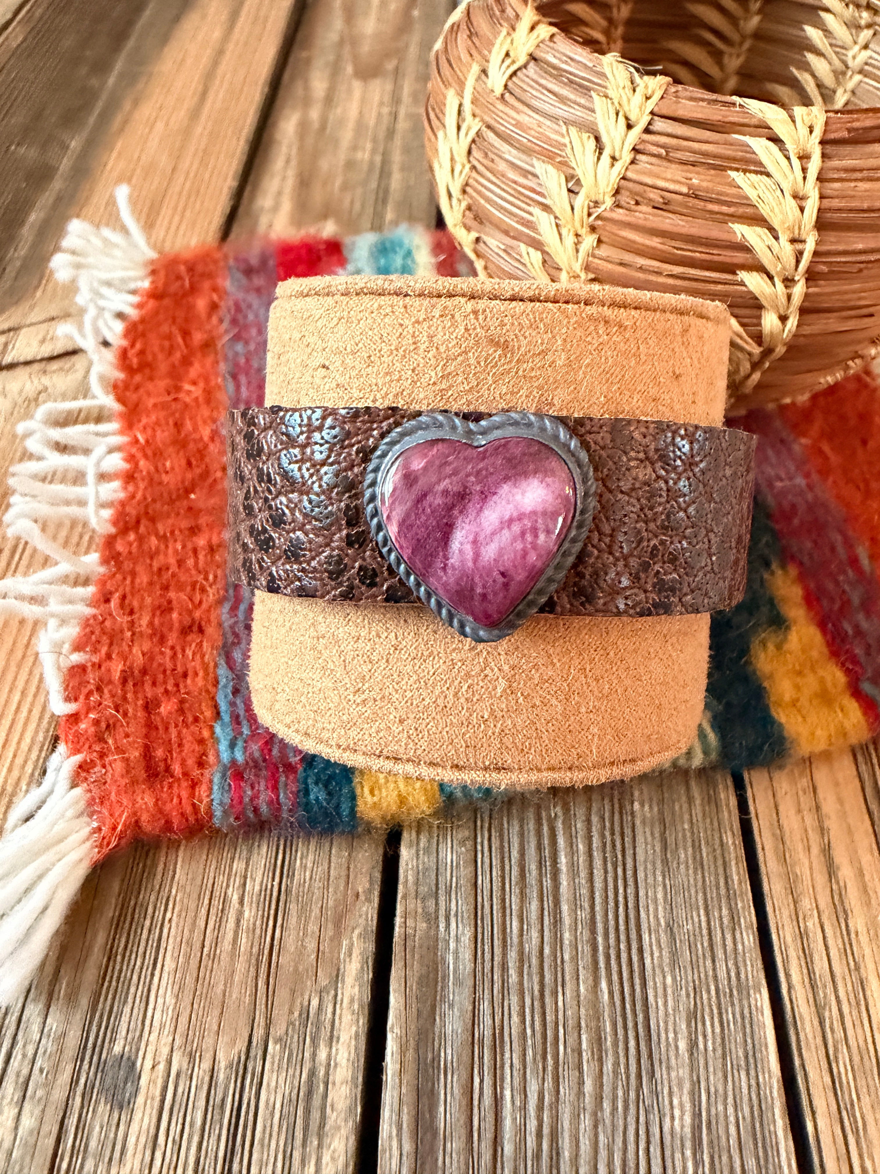 Handcrafted Purple Spiny & Sterling Silver Leather Heart Bracelet