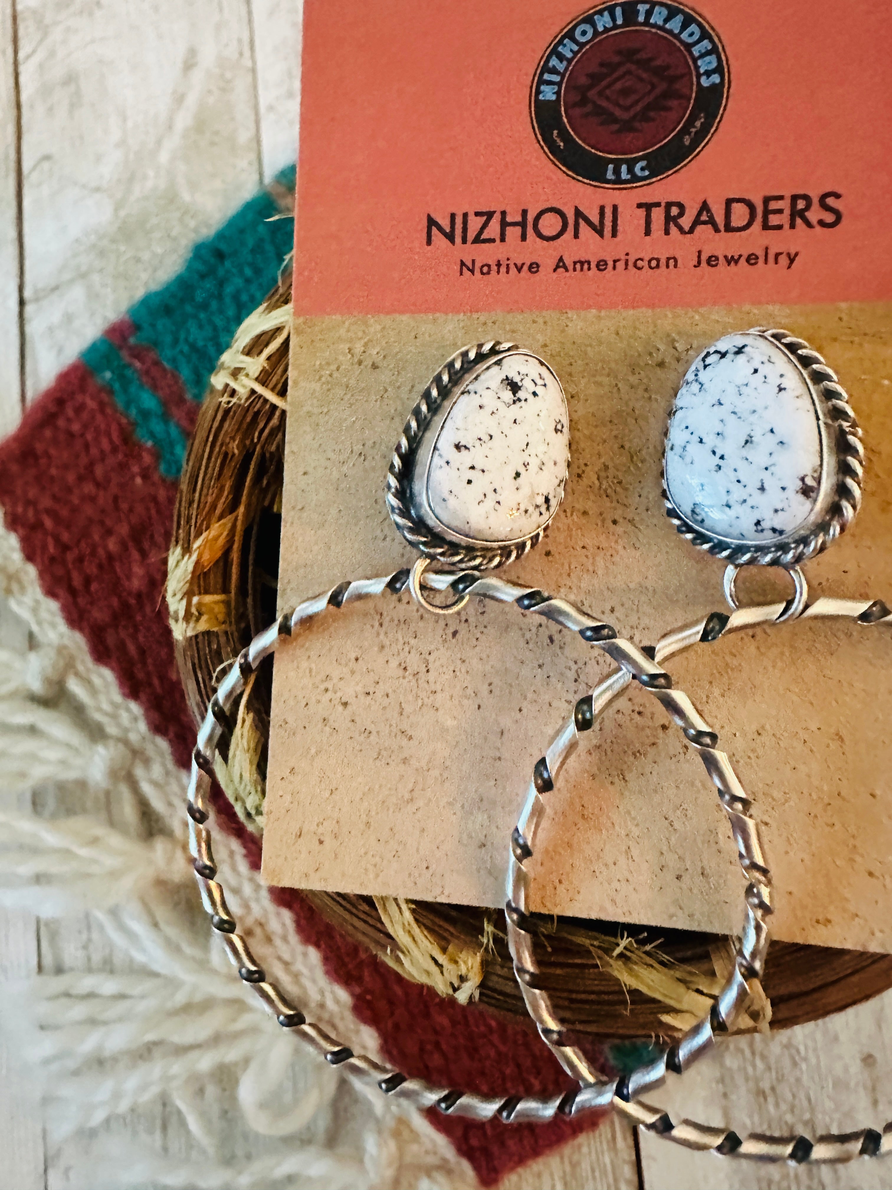 Navajo White Buffalo and Sterling Silver Dangle Hoop Earrings