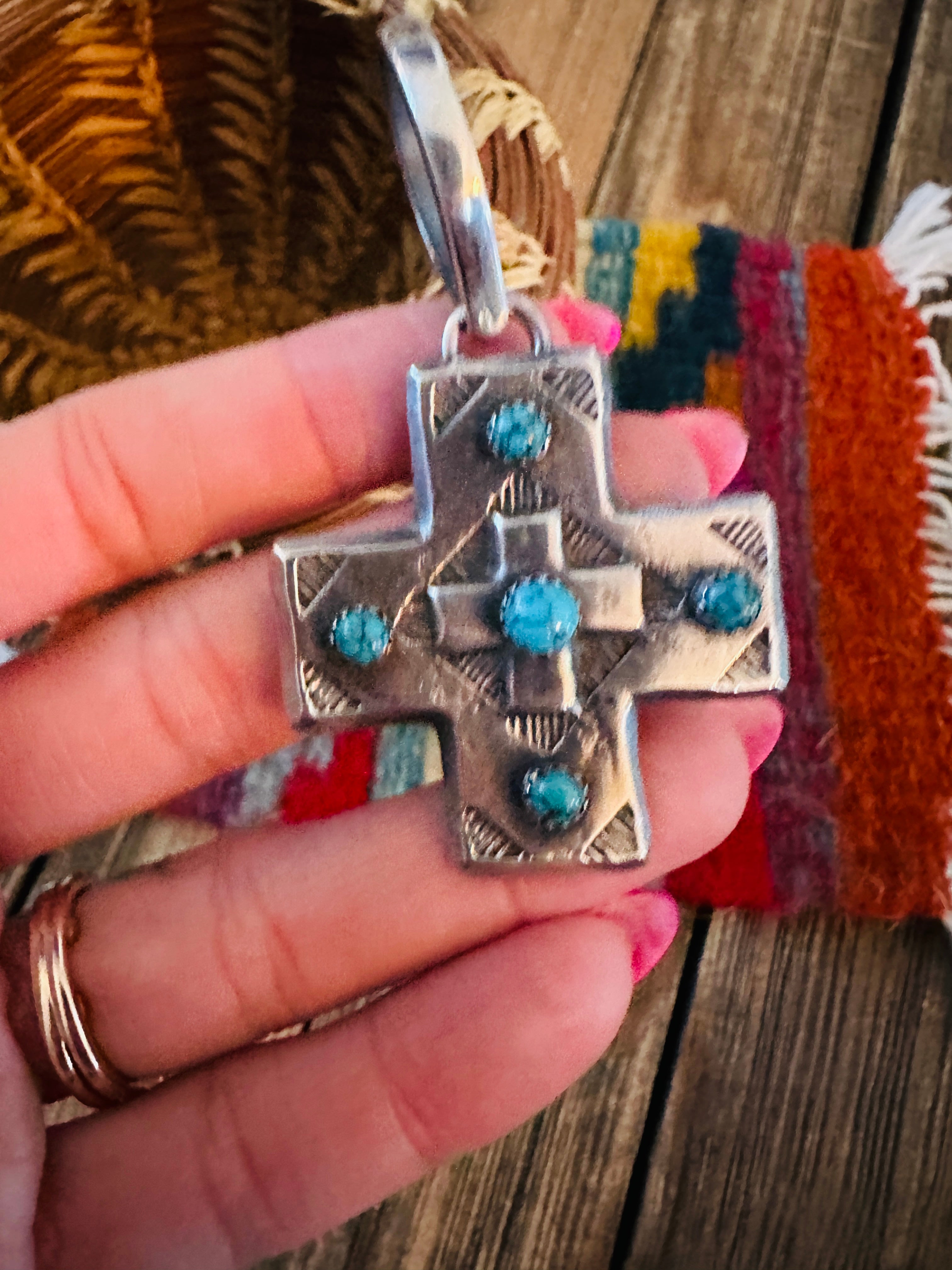 Handcrafted Coin Silver & Turquoise Cross Pendant by Buffalo Dancer