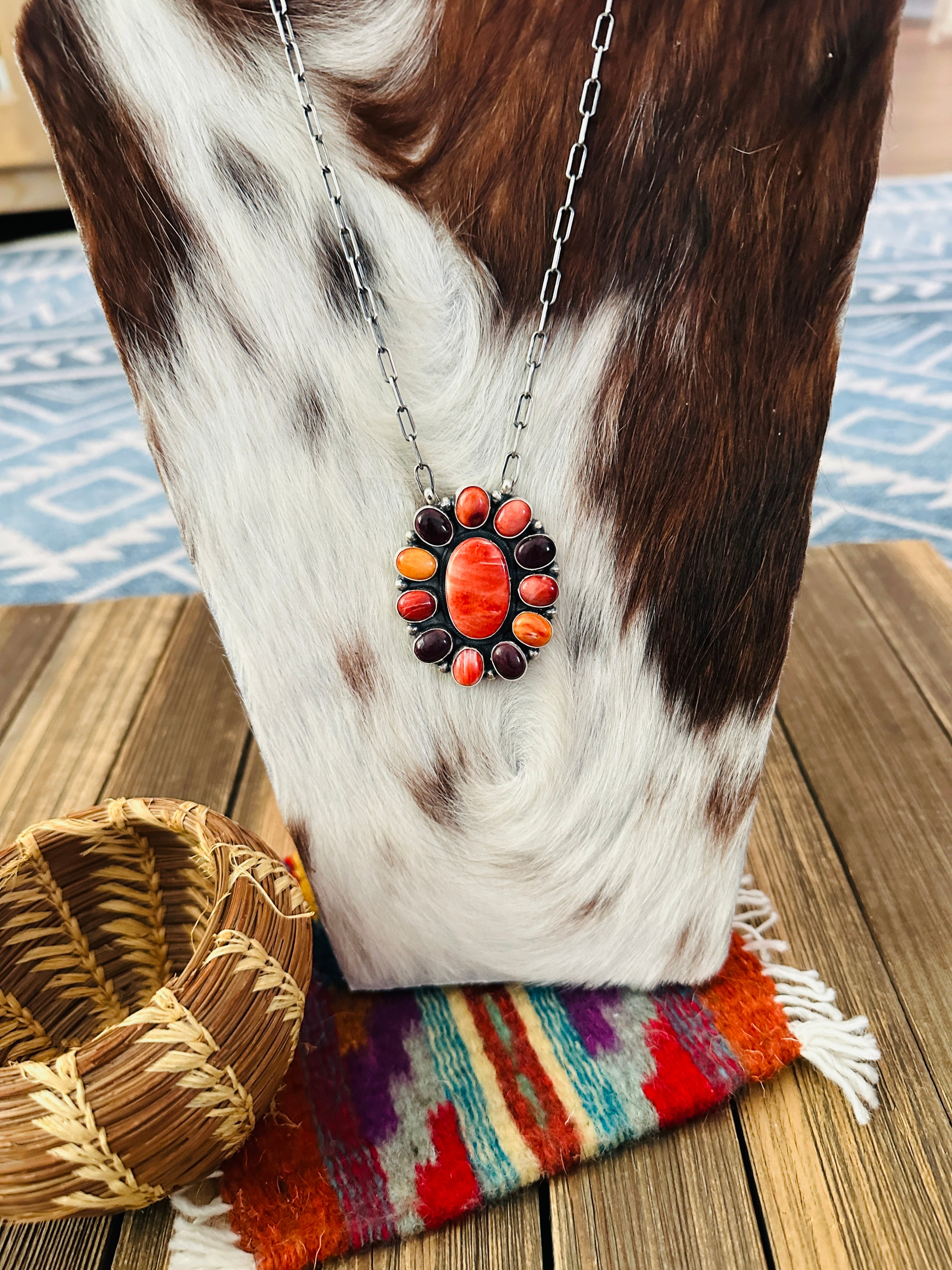 Handcrafted Multicolor Spiny Oyster & Sterling Silver Cluster Necklace by Sheila Becenti