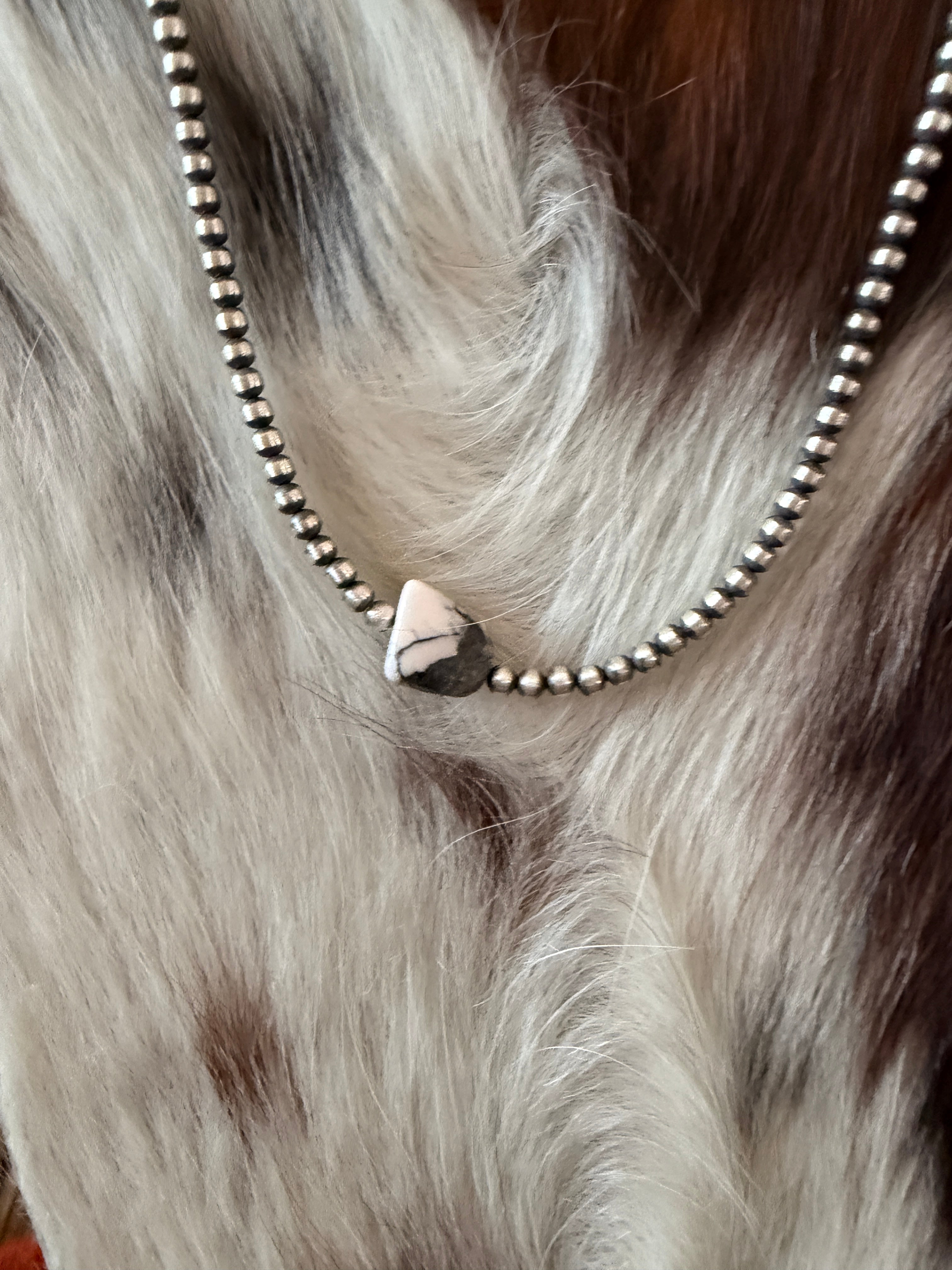 Handcrafted White Buffalo & 3mm Sterling Silver Pearl Beaded Necklace