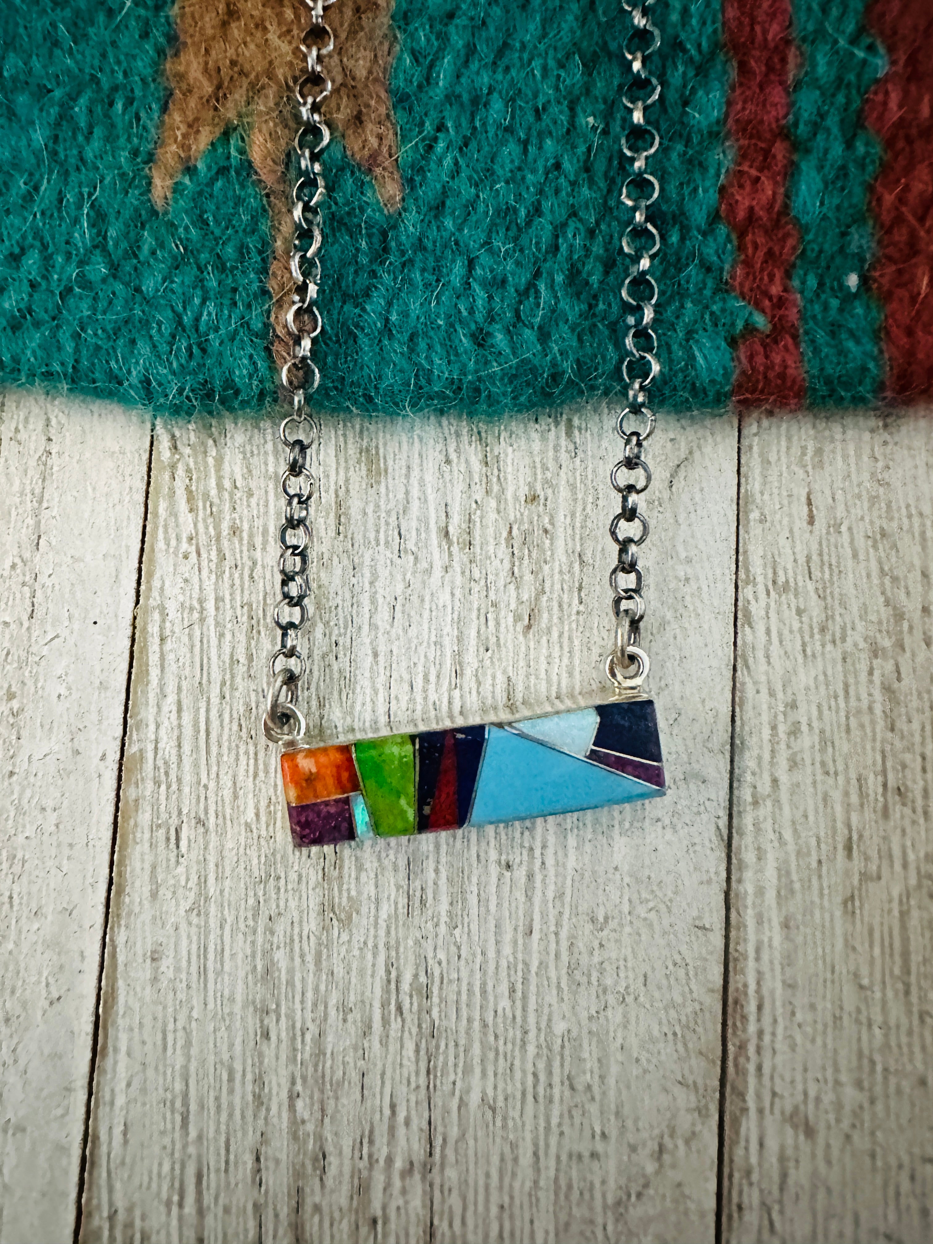 Navajo Multi Stone & Sterling Silver Inlay Bar Necklace
