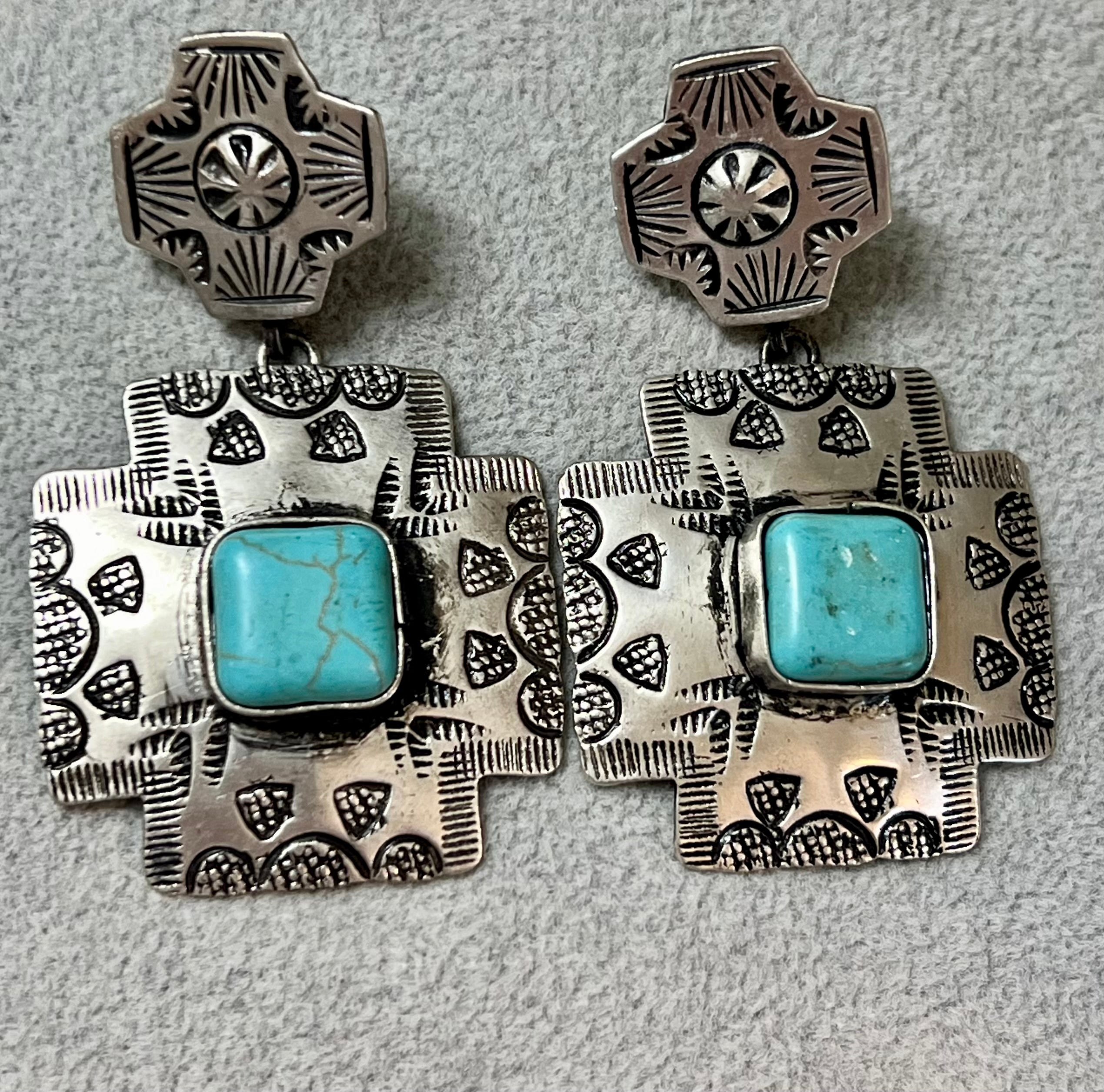 Silver-Plated Cross Engraved Earrings with Blue Accent