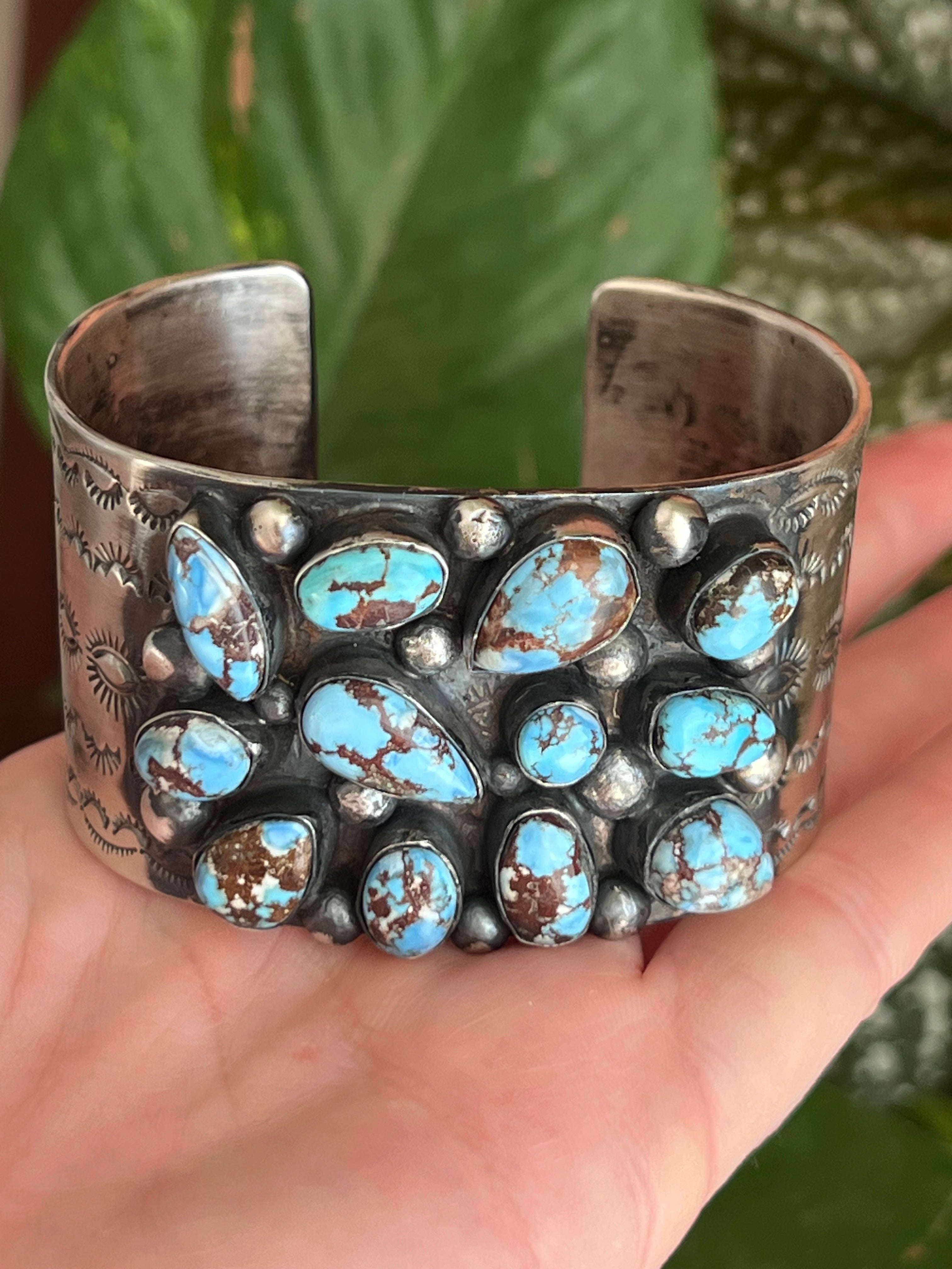 Handcrafted Stamped Sterling Silver and Golden Hills Turquoise Cuff Bracelet by Jennifer Garcia for Chimney Butte /