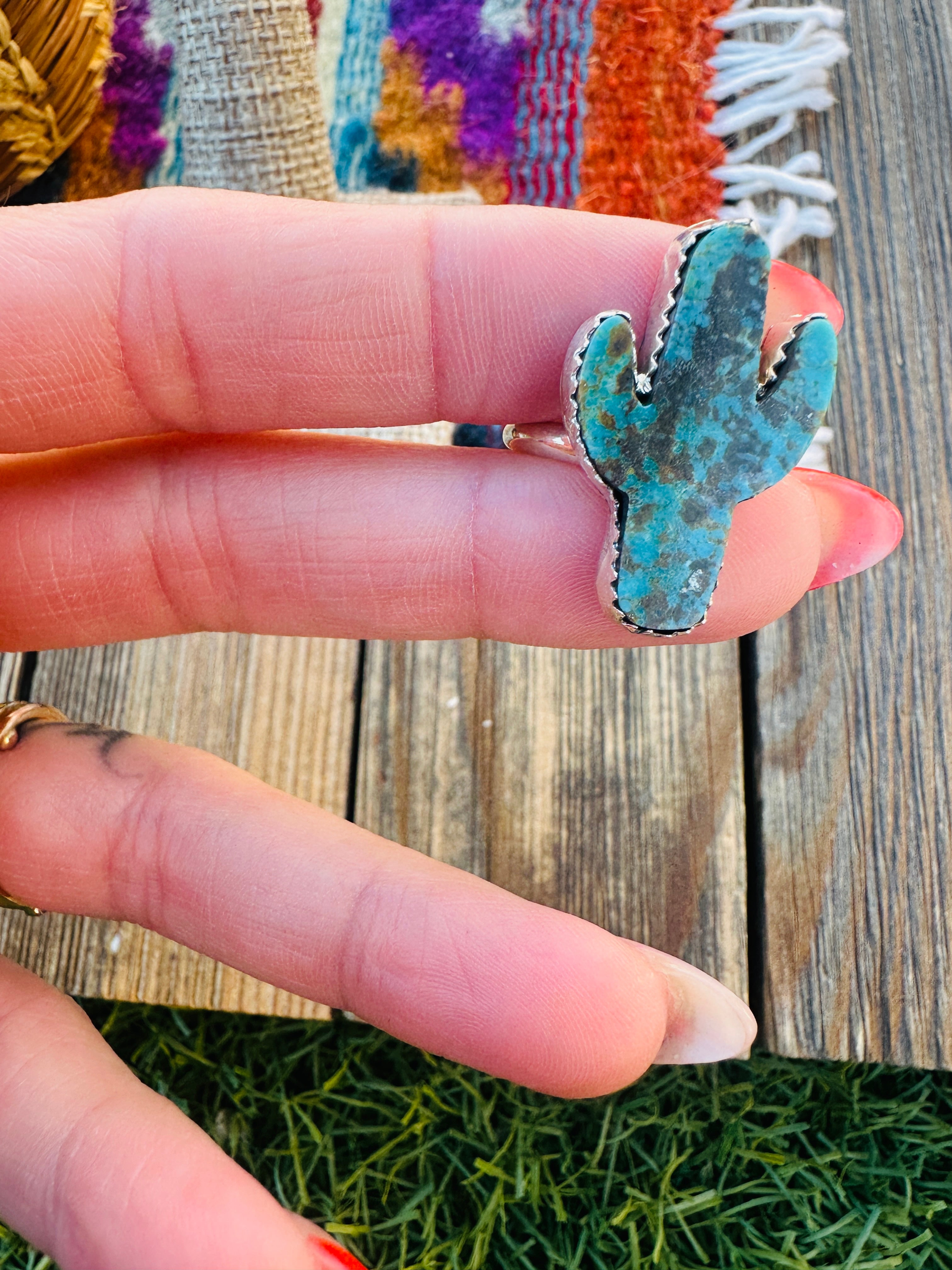 Handcrafted Turquoise & Sterling Silver Cactus Adjustable Ring