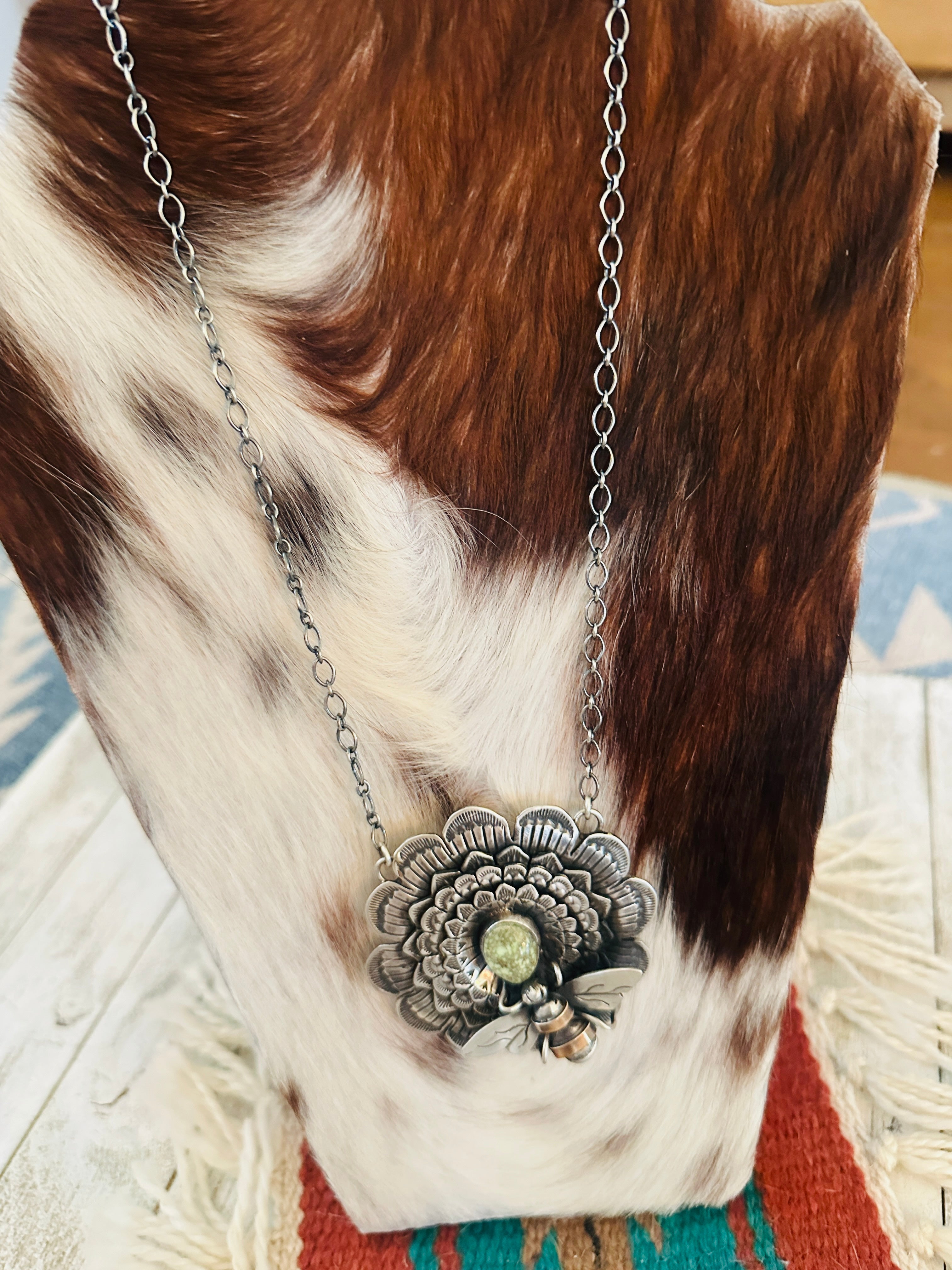 Handcrafted Sterling Silver and Turquoise Sunflower Necklace with Bee by Russell Sam