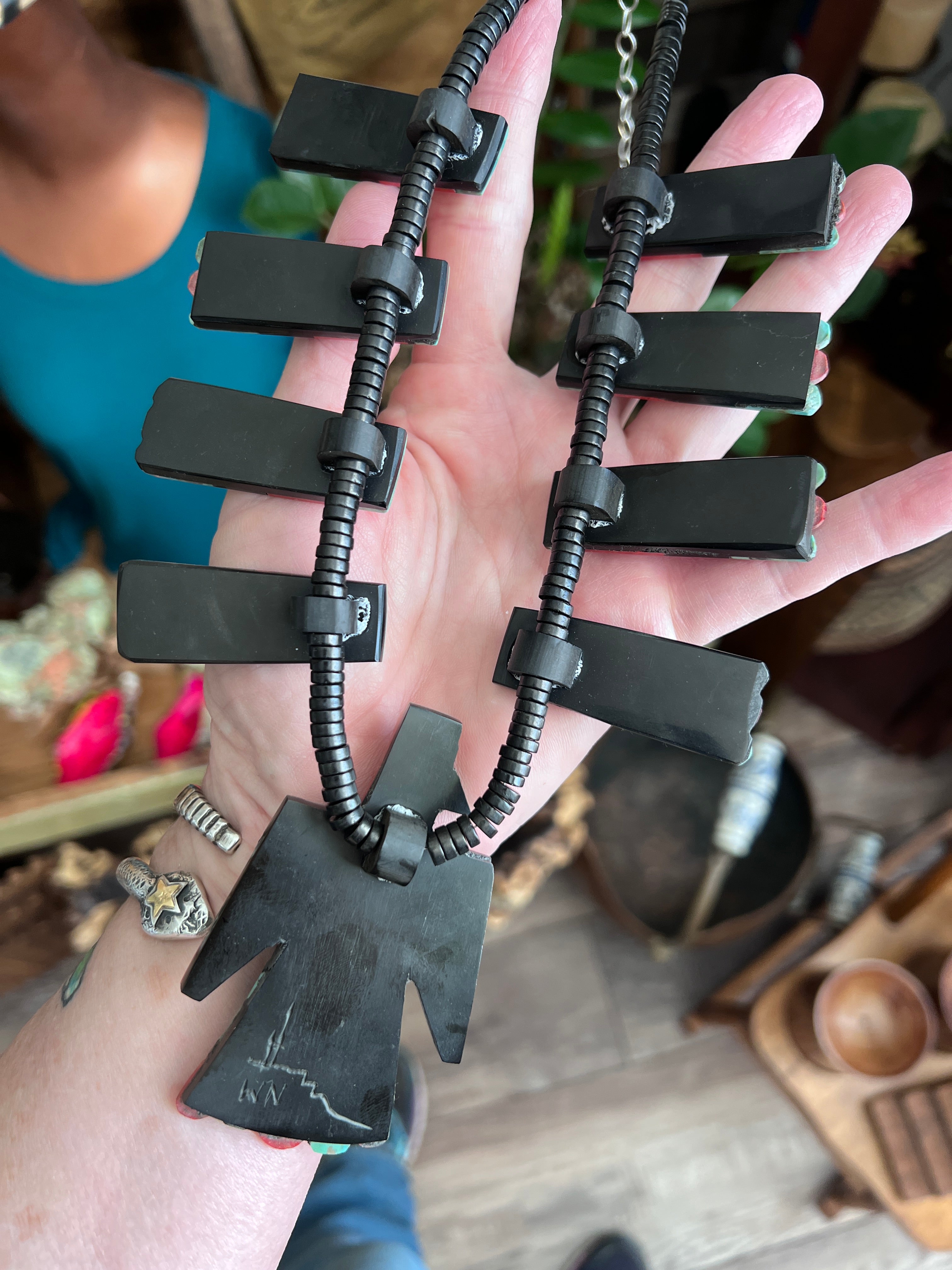 Handcrafted Inlay Turquoise and Apple Coral Thunderbird Tab Necklace & Earrings Set by Warren Nieto