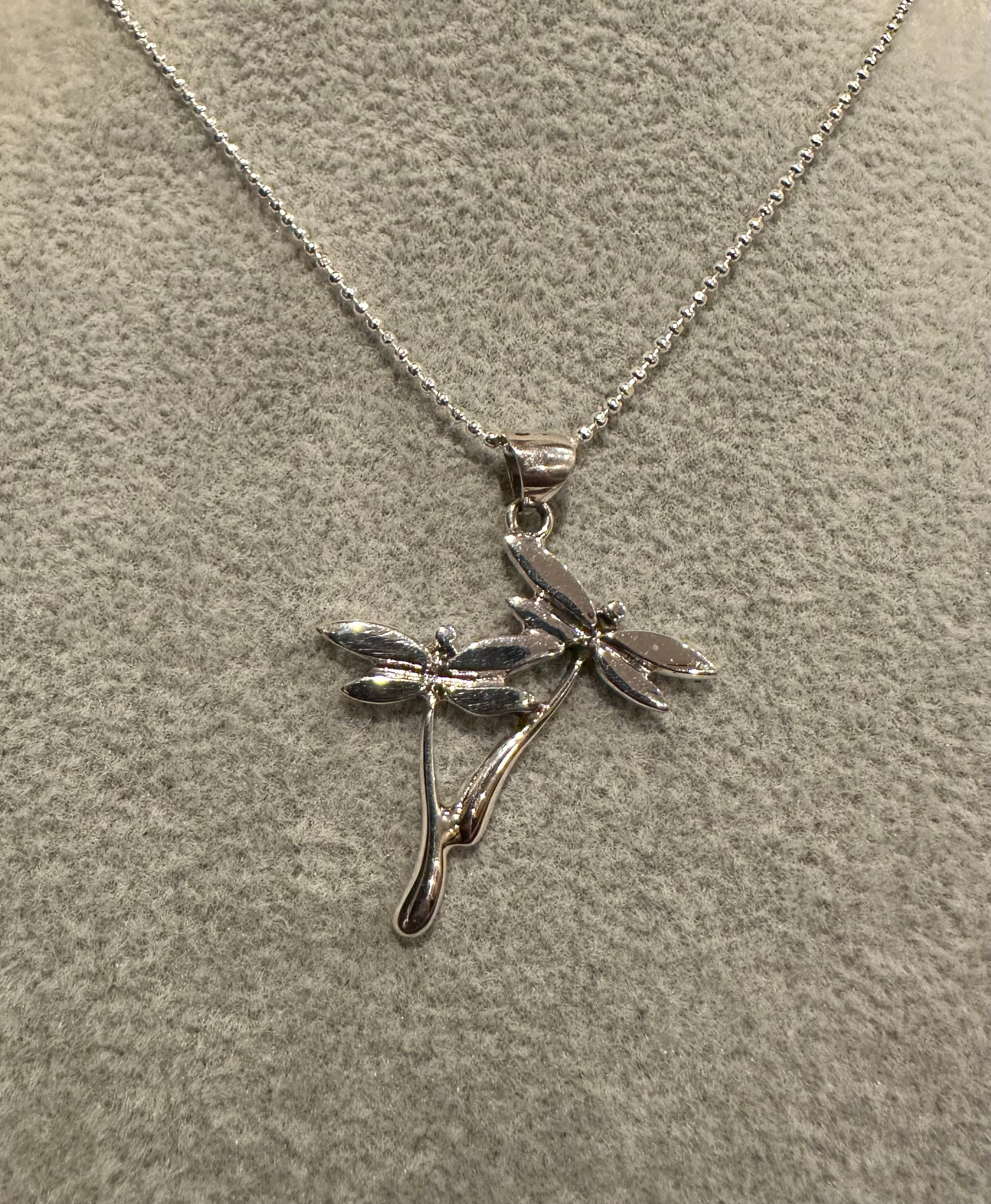 Double Dragonfly Sterling Silver Pendant Necklace