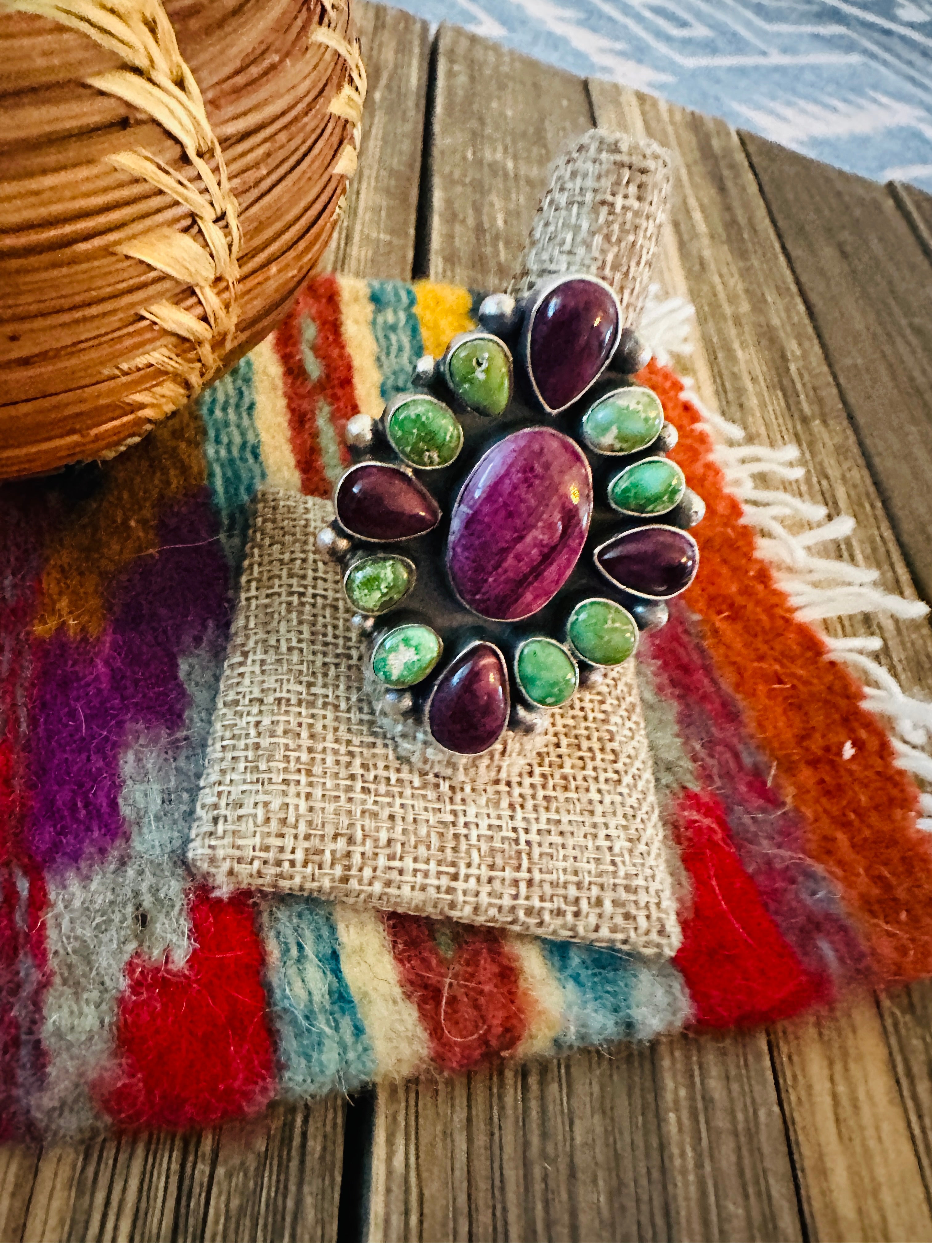 Handcrafted Spiny, Turquoise & Sterling Silver Adjustable Cluster Ring by Rena Shelly