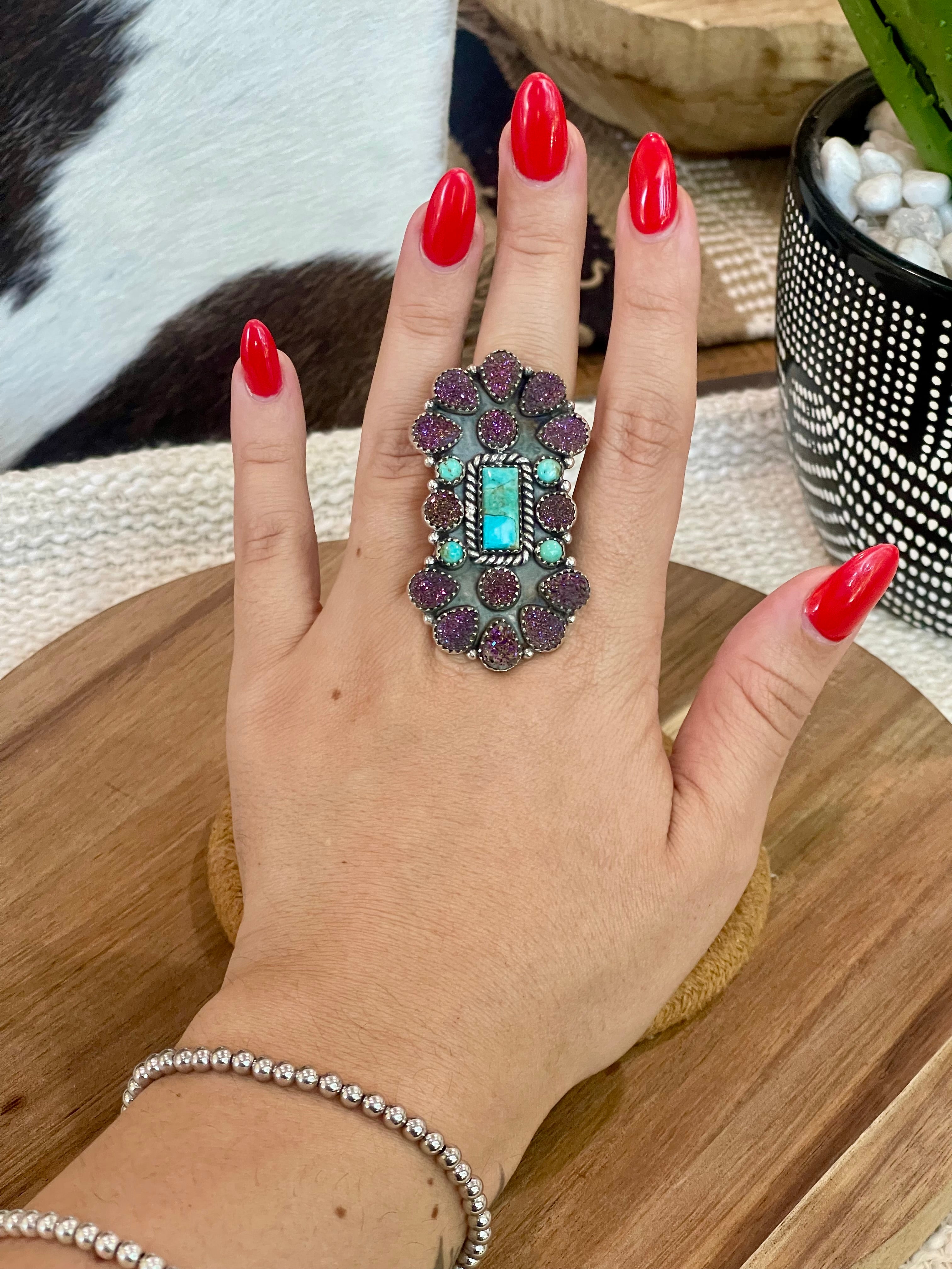 Handcrafted Sterling Silver, Kingman Turquoise & Druzy Adjustable Cluster Ring