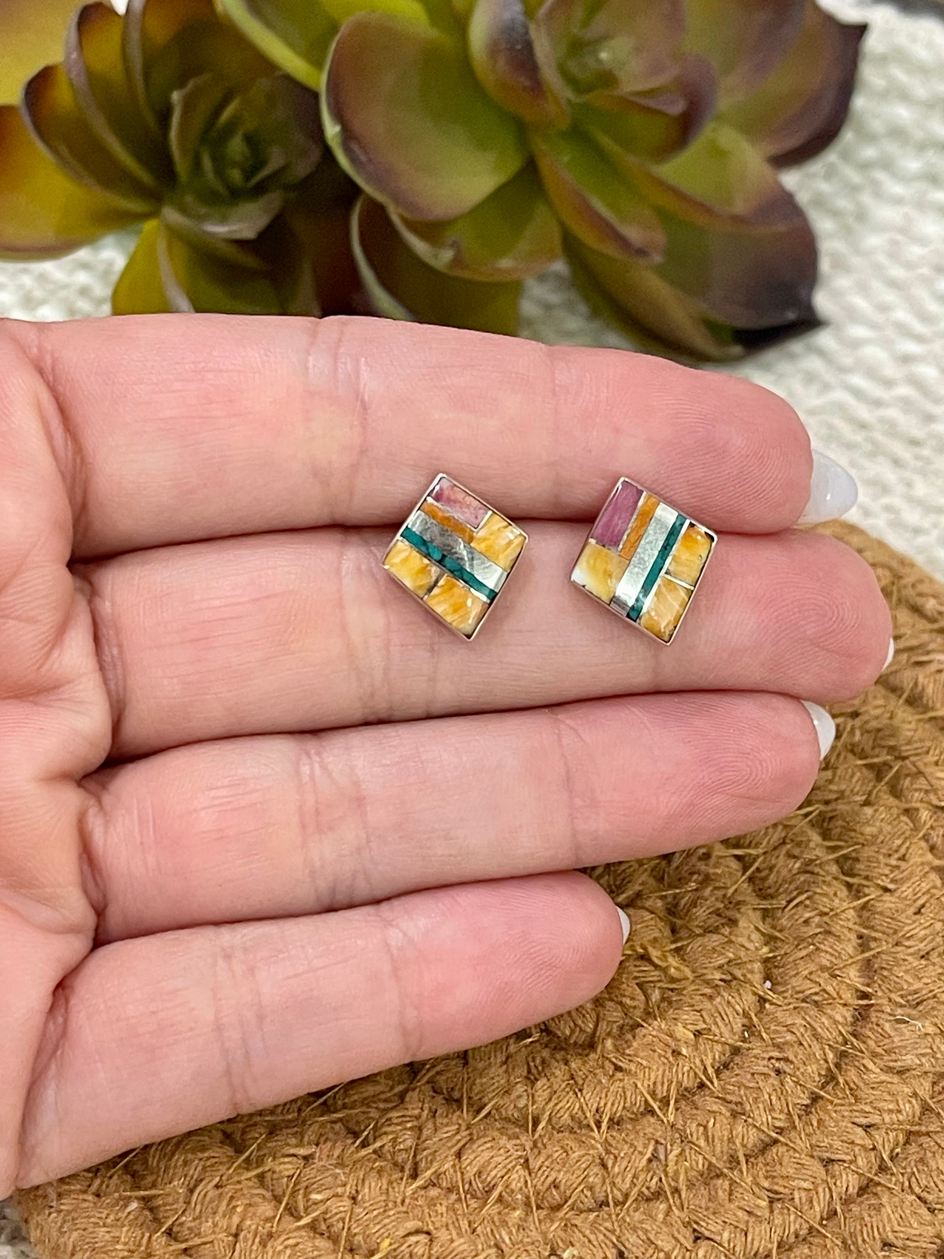 Beautiful Handmade Sterling Silver & Multi Stone Inlay Stud Earrings