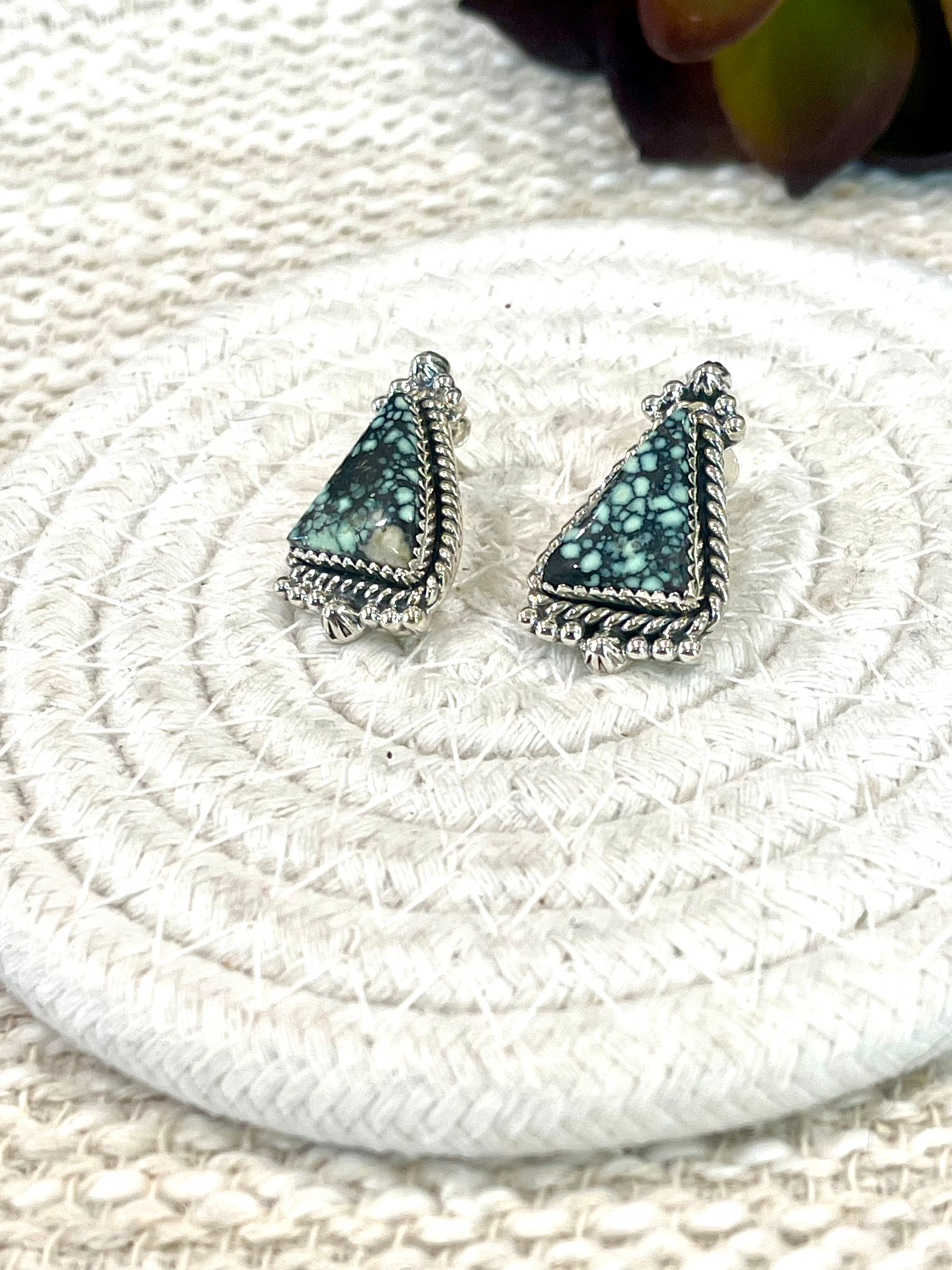 Handmade New Lander Turquoise and Sterling Silver Post Earring