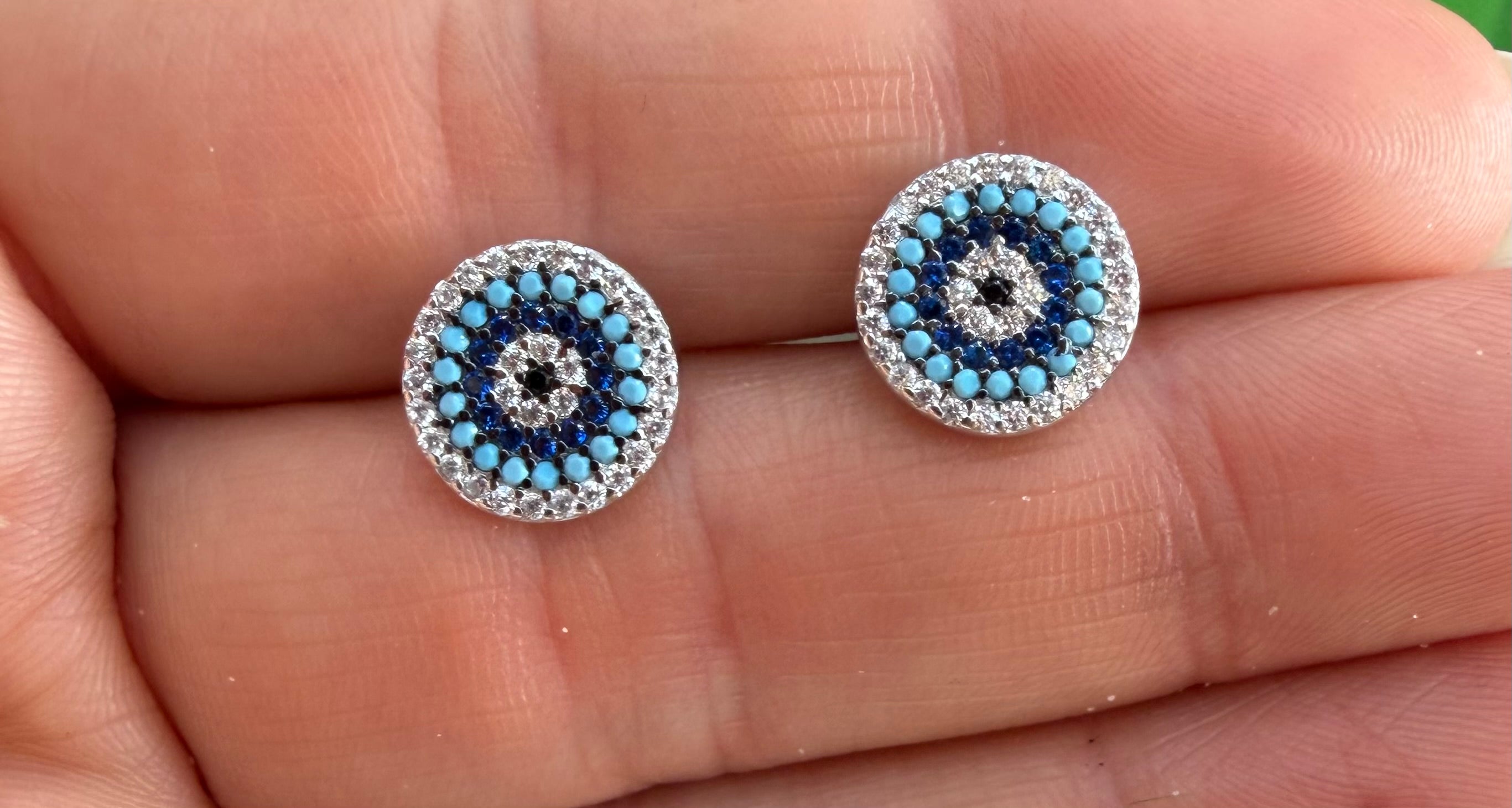 Evil Eye Blue Round CZ Sterling Silver Stud Earrings