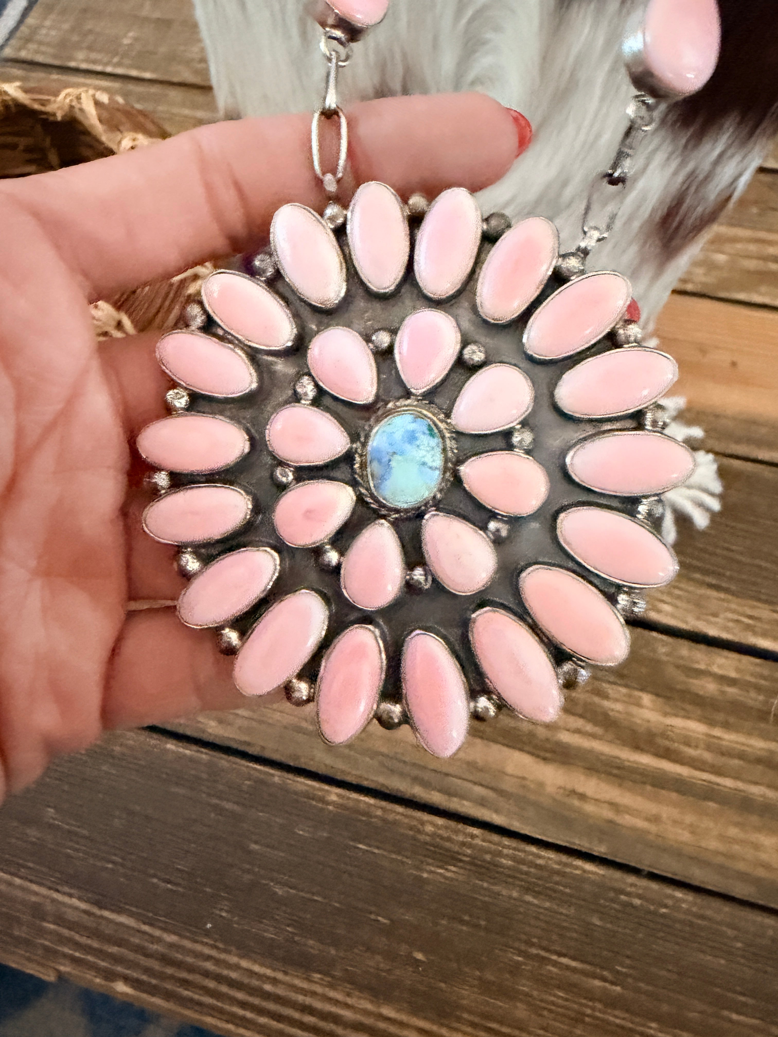 Handcrafted Queen Pink Conch, Turquoise & Sterling Silver Cluster Necklace by Fred Francis