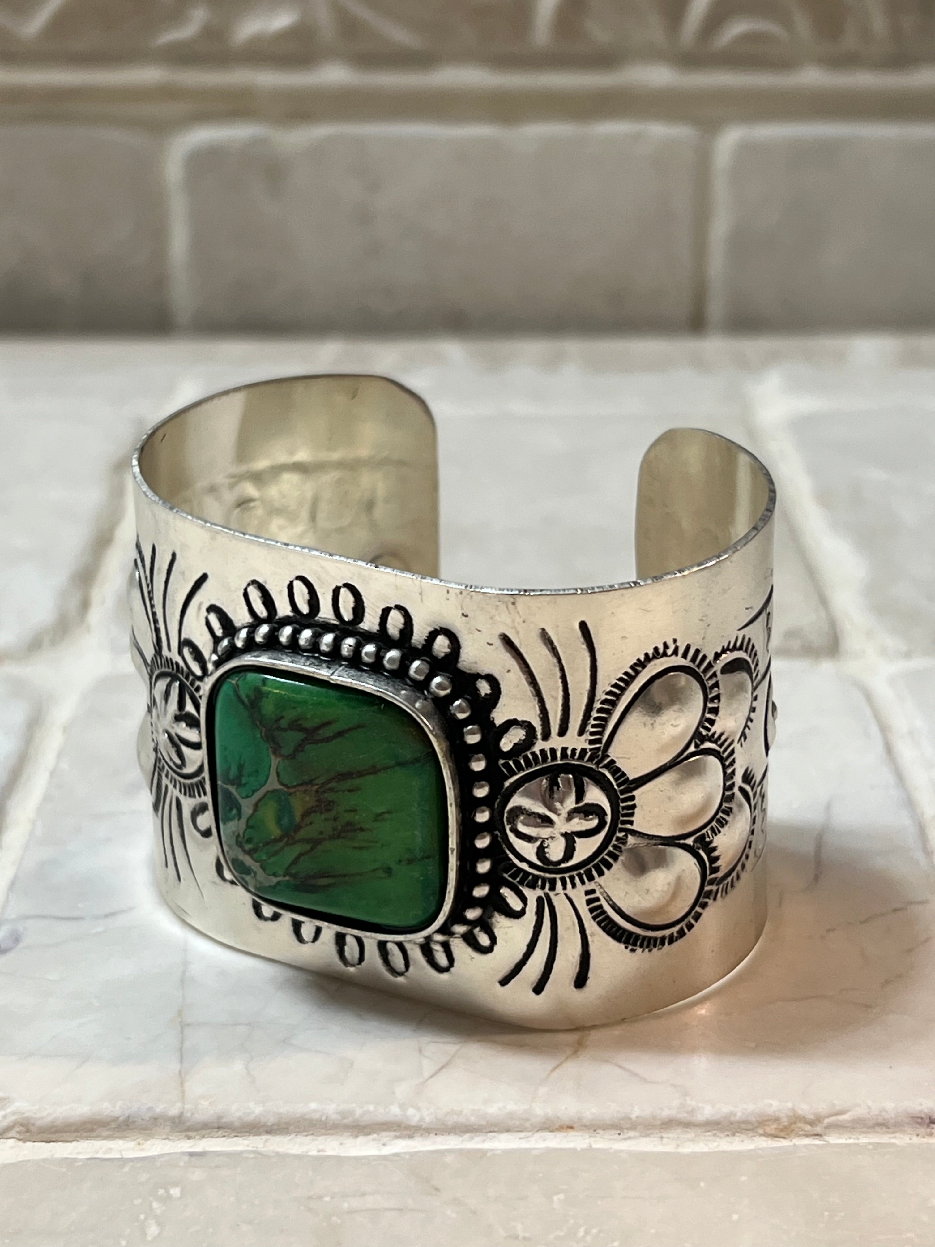Engraved Silver Plated Cuff Bracelet with Green Stone