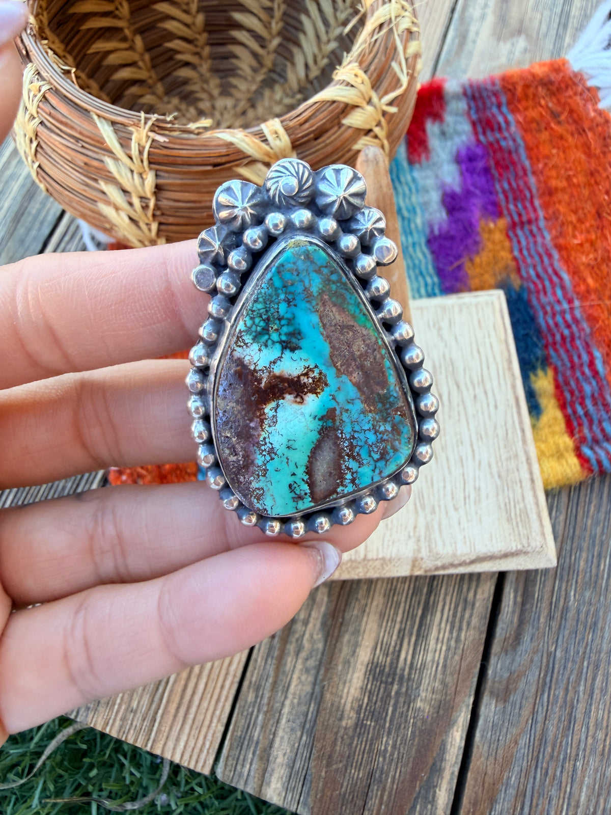 Handcrafted Royston Turquoise & Sterling Silver Ring 10 by Rosella Paxson
