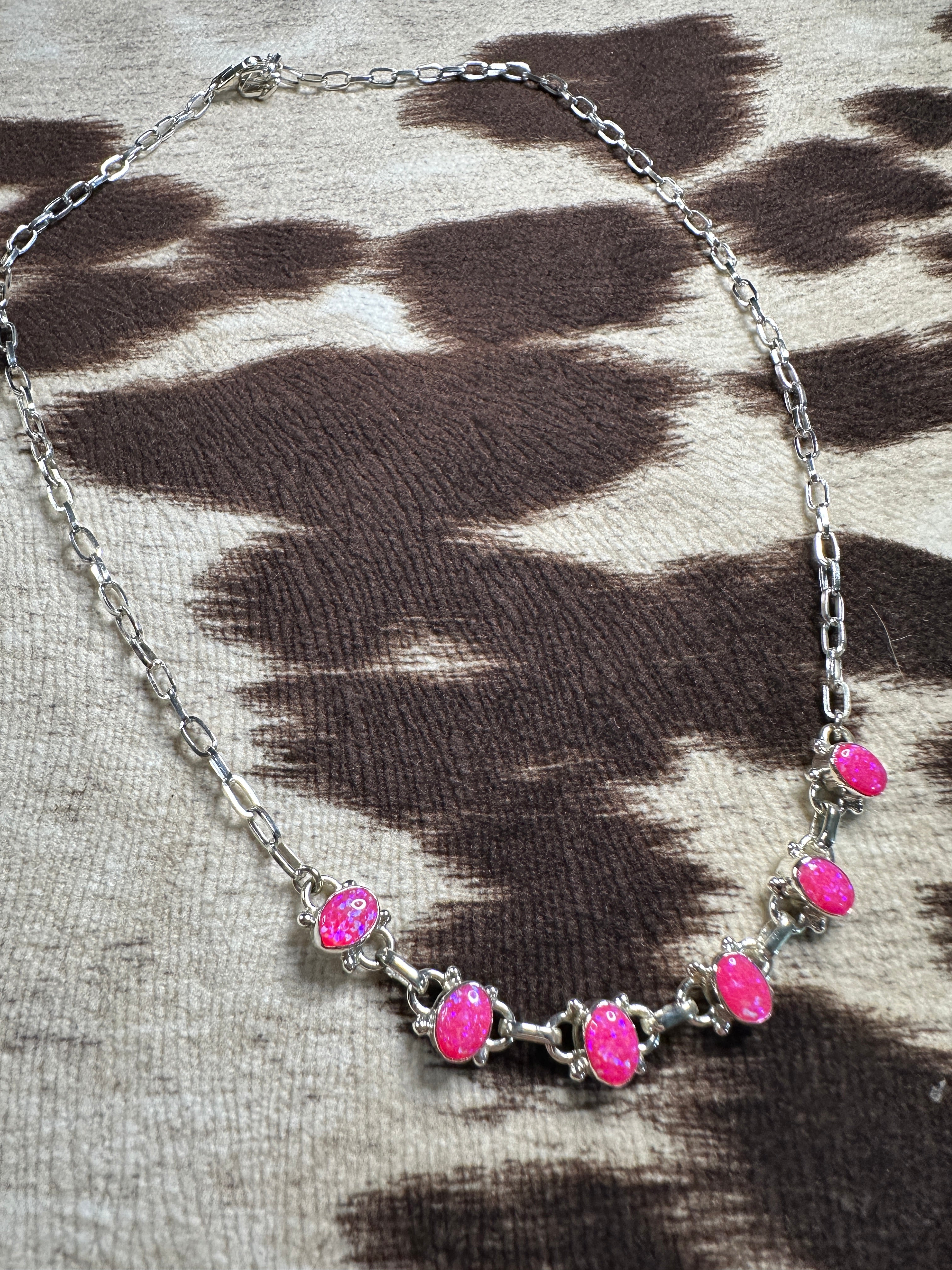 Handmade Sterling Silver & Hot Pink Fire Opal Necklace