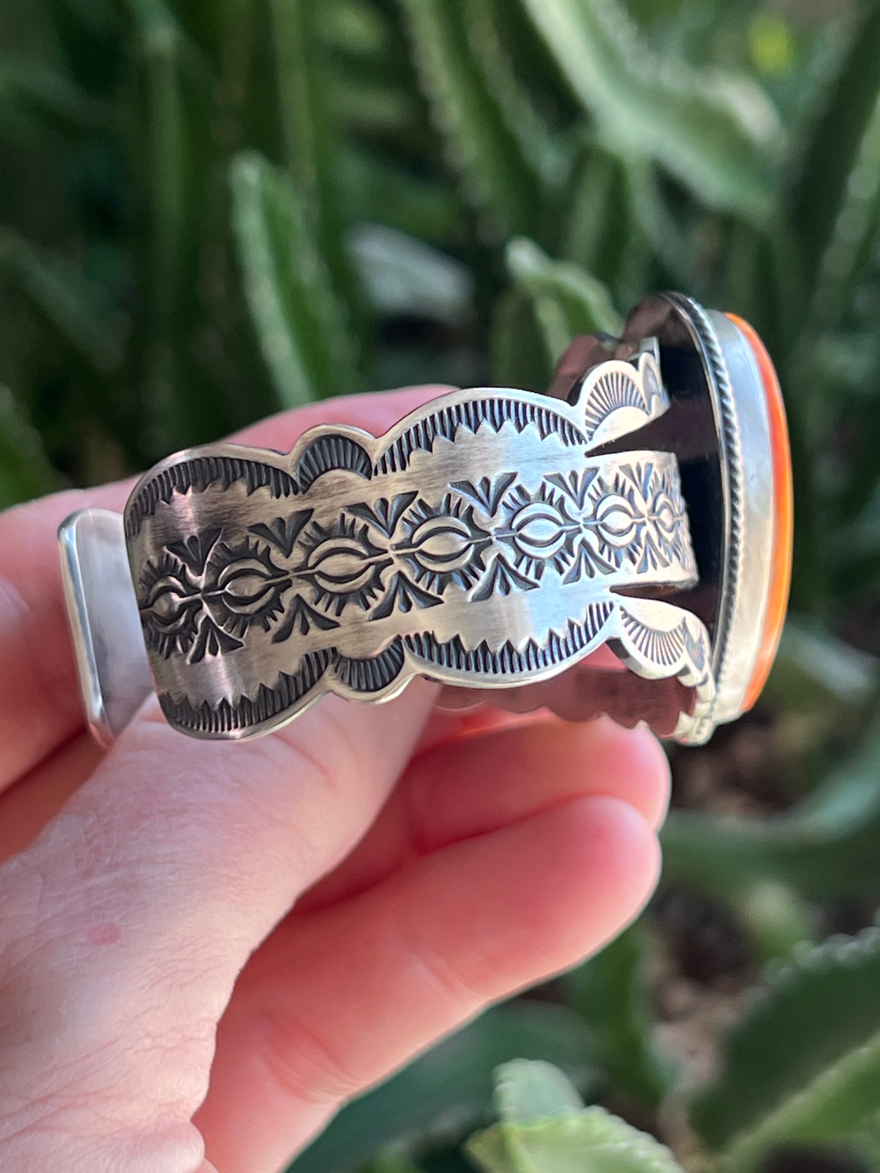 Handcrafted Sterling Silver and Orange Spiny Oyster Shell Heart Cuff Bracelet by Murphy Platero