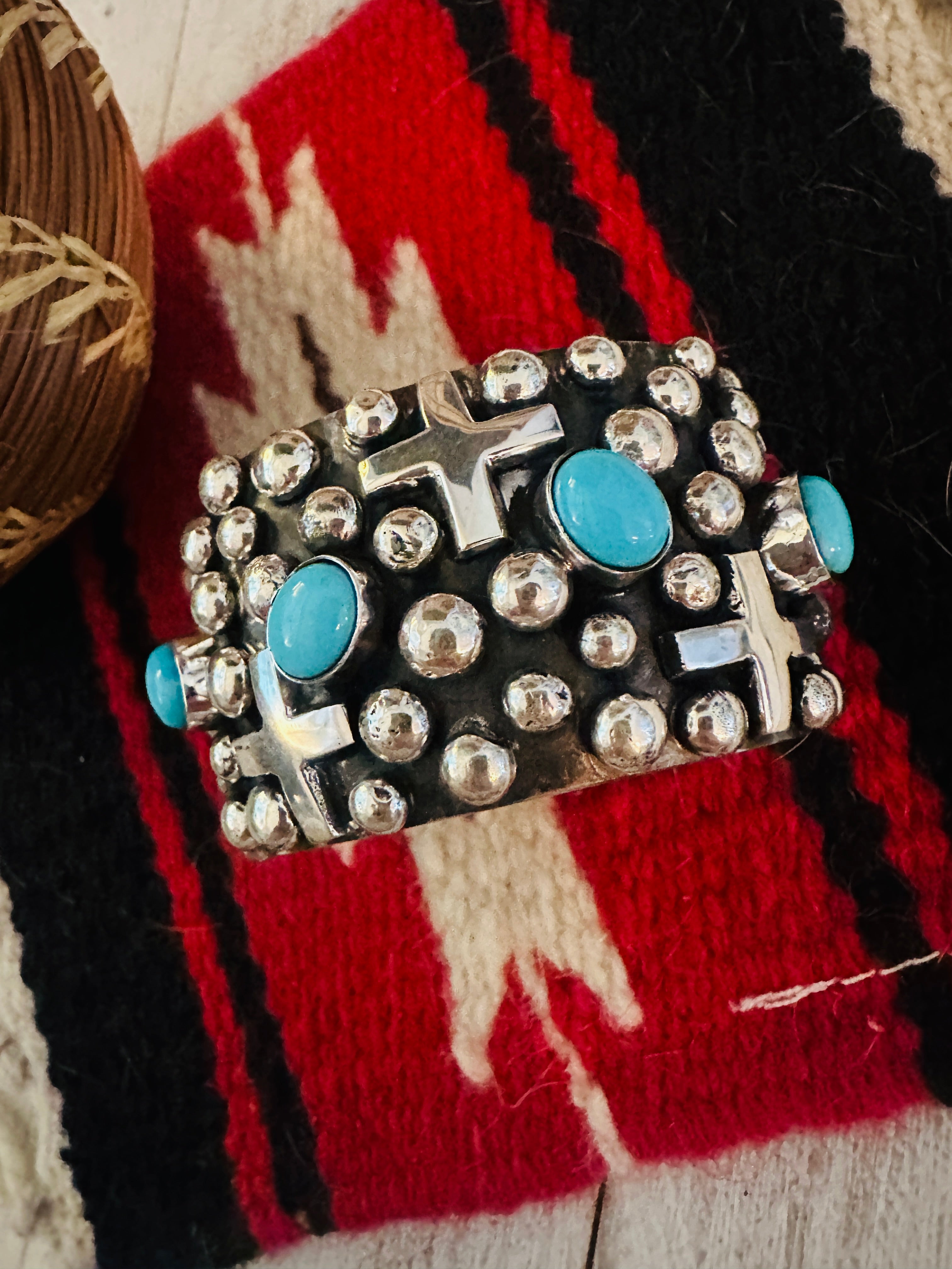 Navajo Turquoise & Sterling Silver Cross Cuff Bracelet By Chimney Butte /