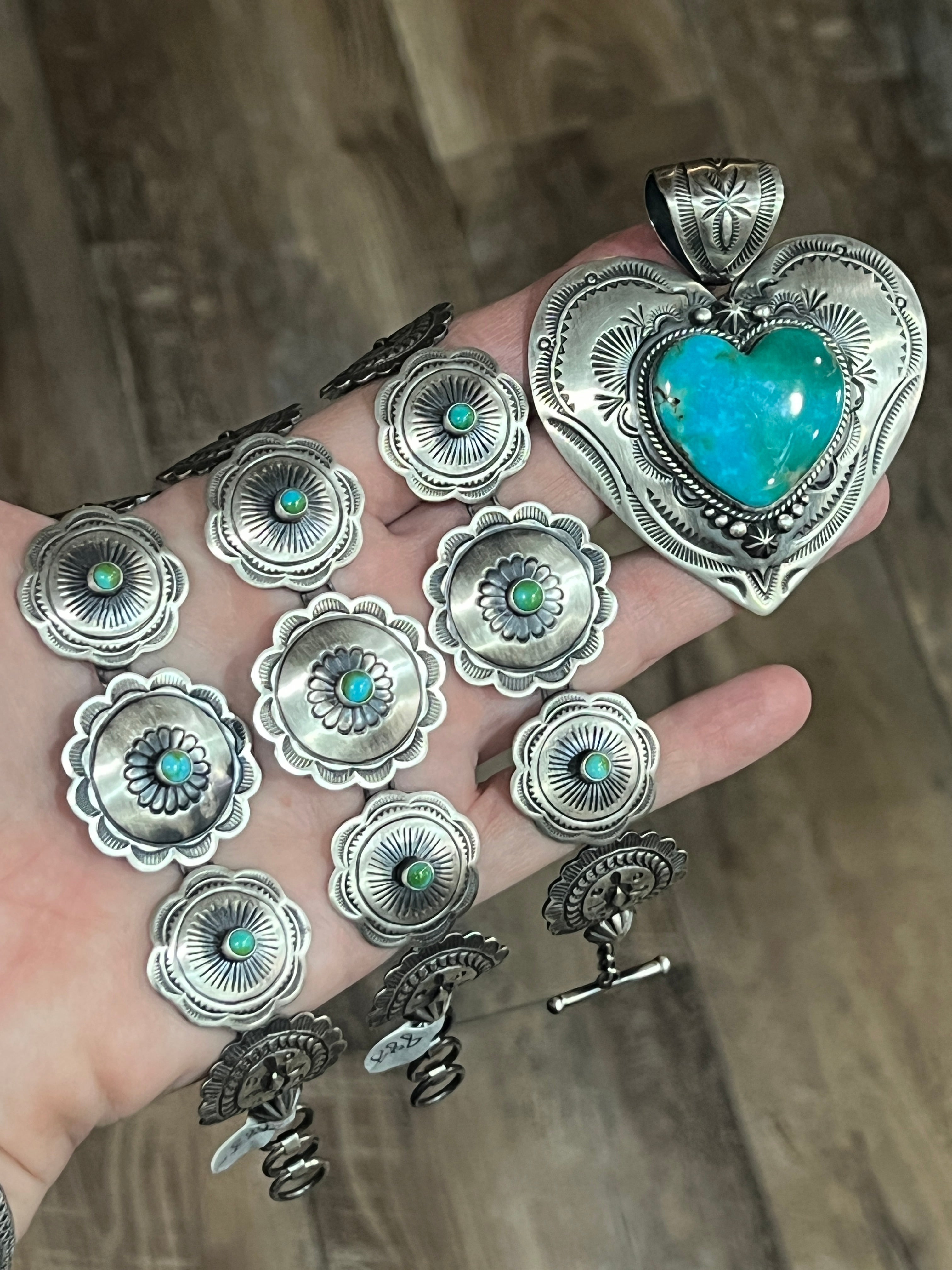 Raymond Coriz Sterling Concho Link Bracelets with Sonoran Mountain Turquoise