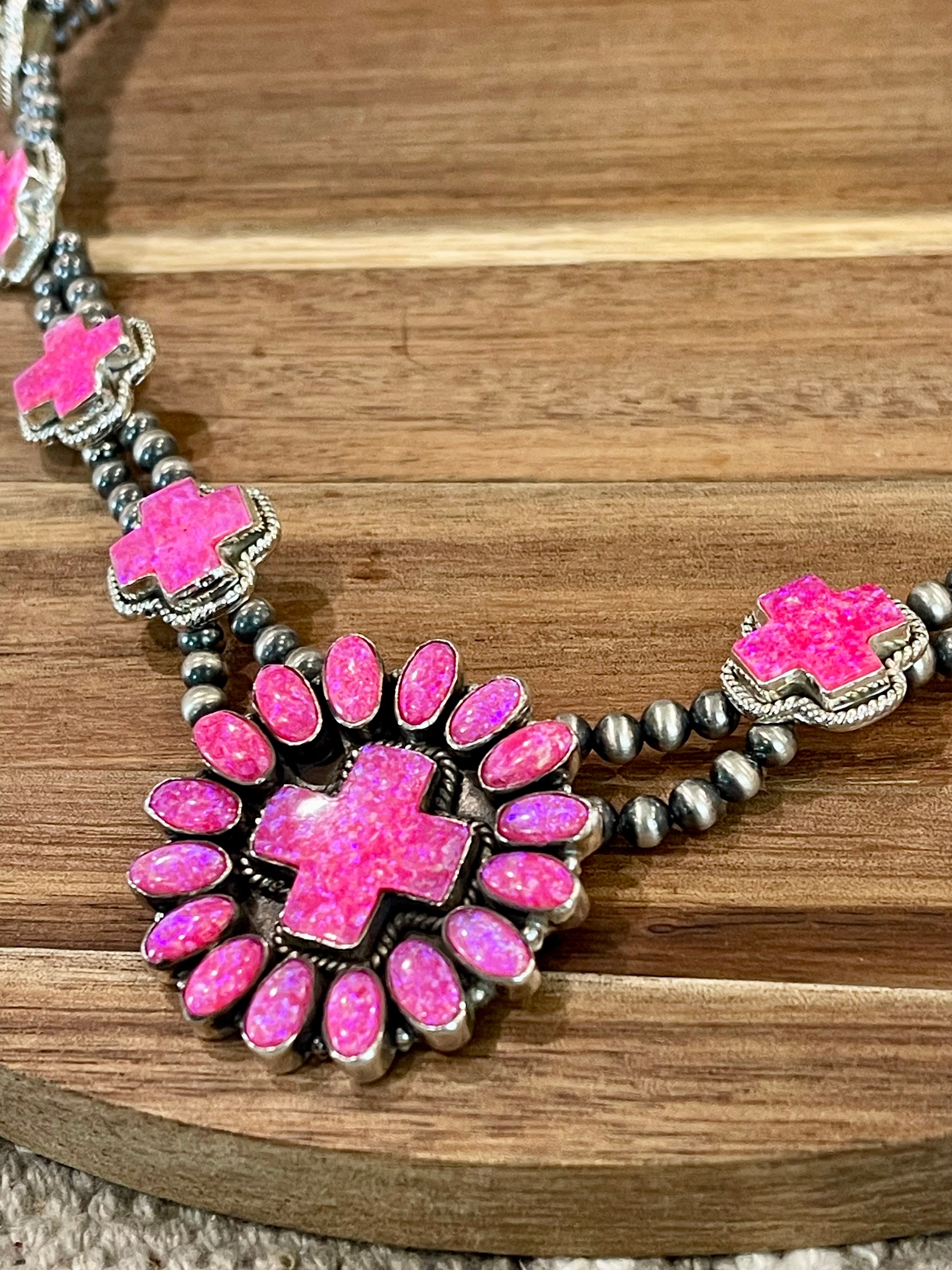 Handmade Hot Pink Fire Opal and Sterling Silver Necklace